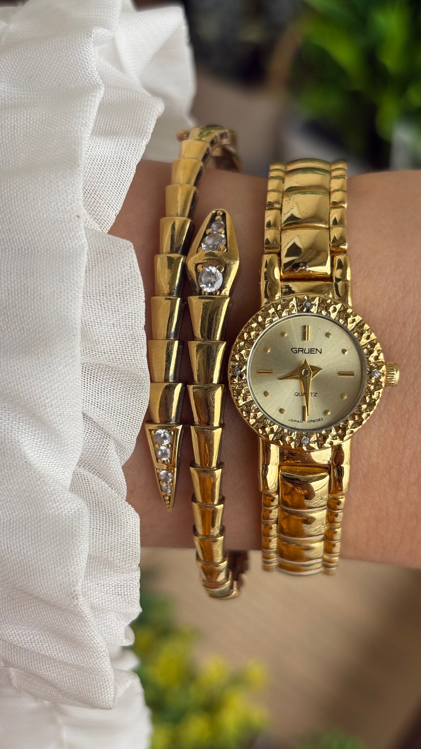 Extremely Rare and Dainty Vintage Gruen Bejeweled Watch in Gold Tone with 4 Genuine Diamonds