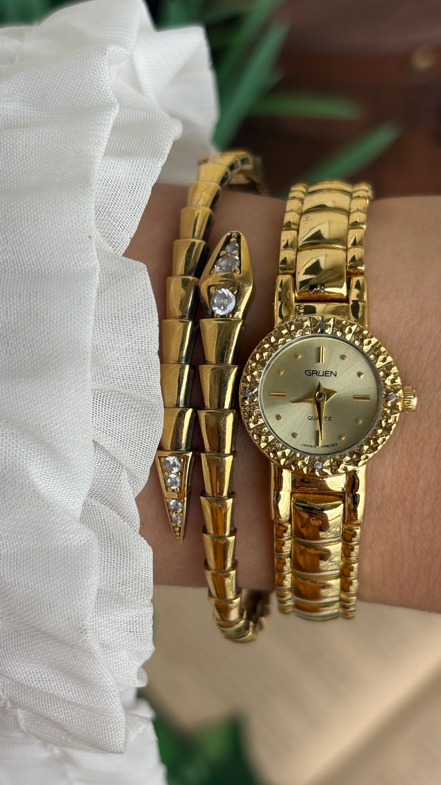 Extremely Rare and Dainty Vintage Gruen Bejeweled Watch in Gold Tone with 4 Genuine Diamonds