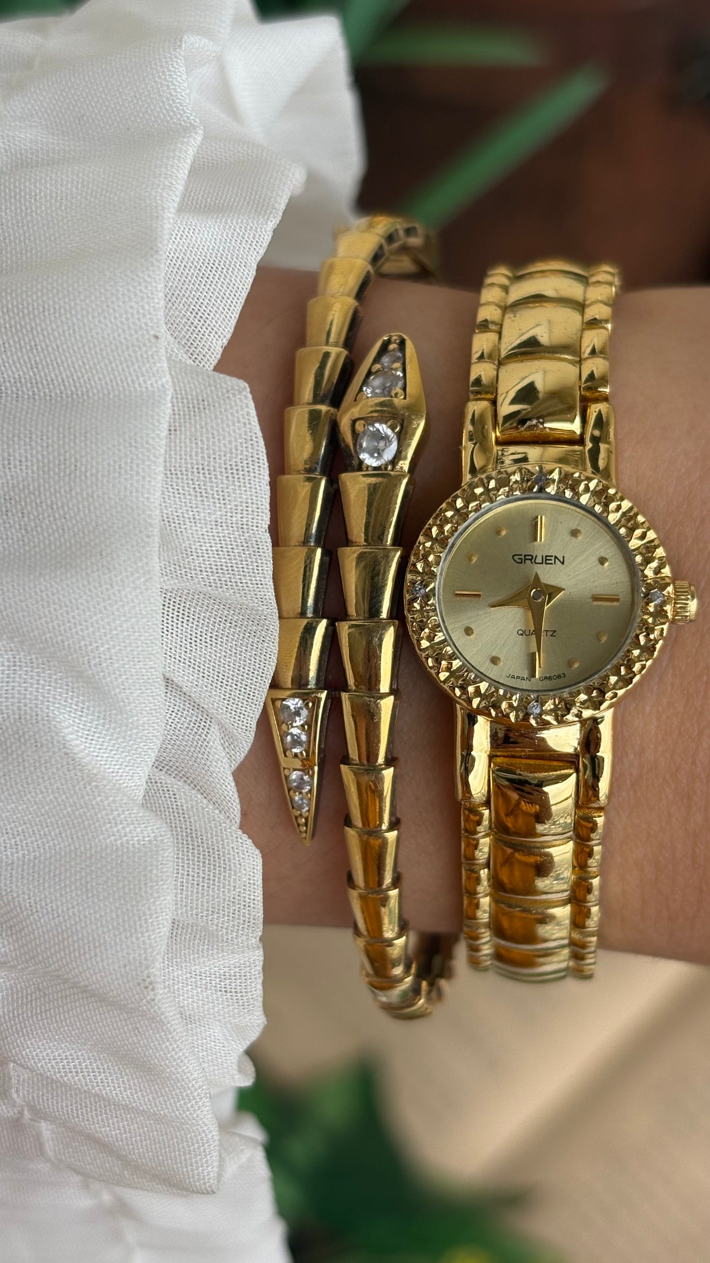 Extremely Rare and Dainty Vintage Gruen Bejeweled Watch in Gold Tone with 4 Genuine Diamonds