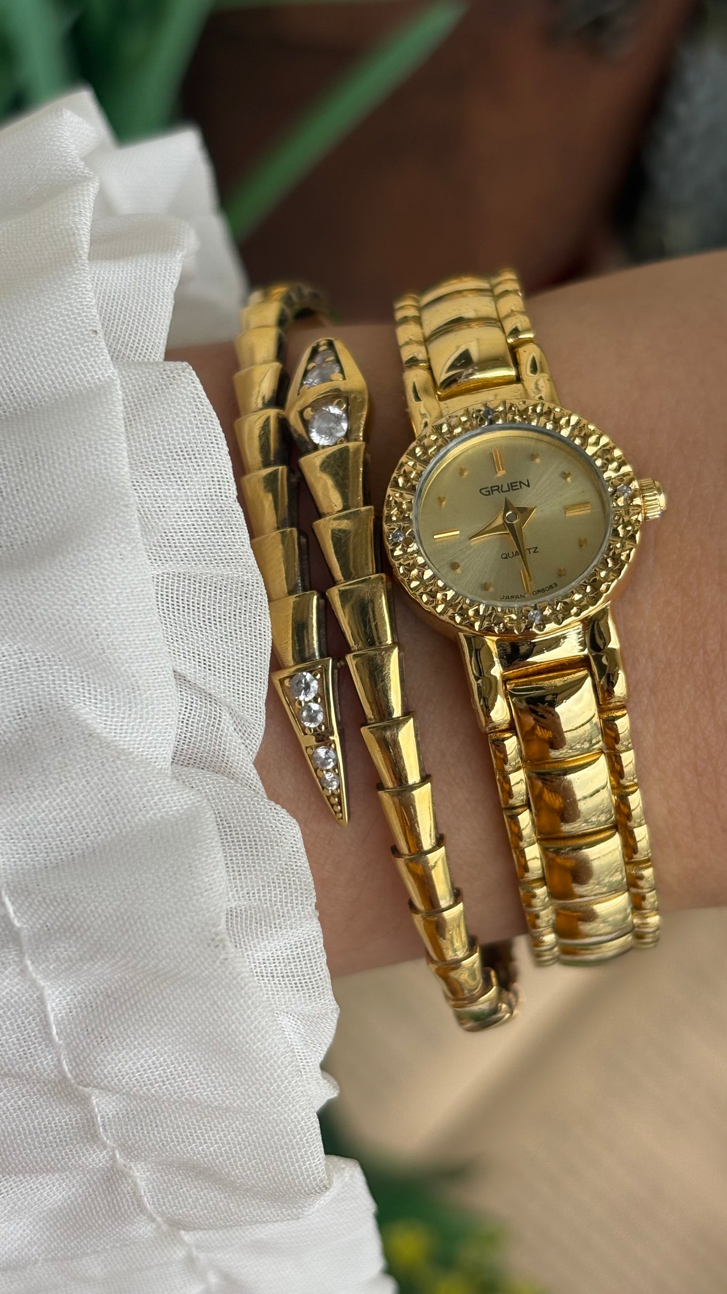Extremely Rare and Dainty Vintage Gruen Bejeweled Watch in Gold Tone with 4 Genuine Diamonds