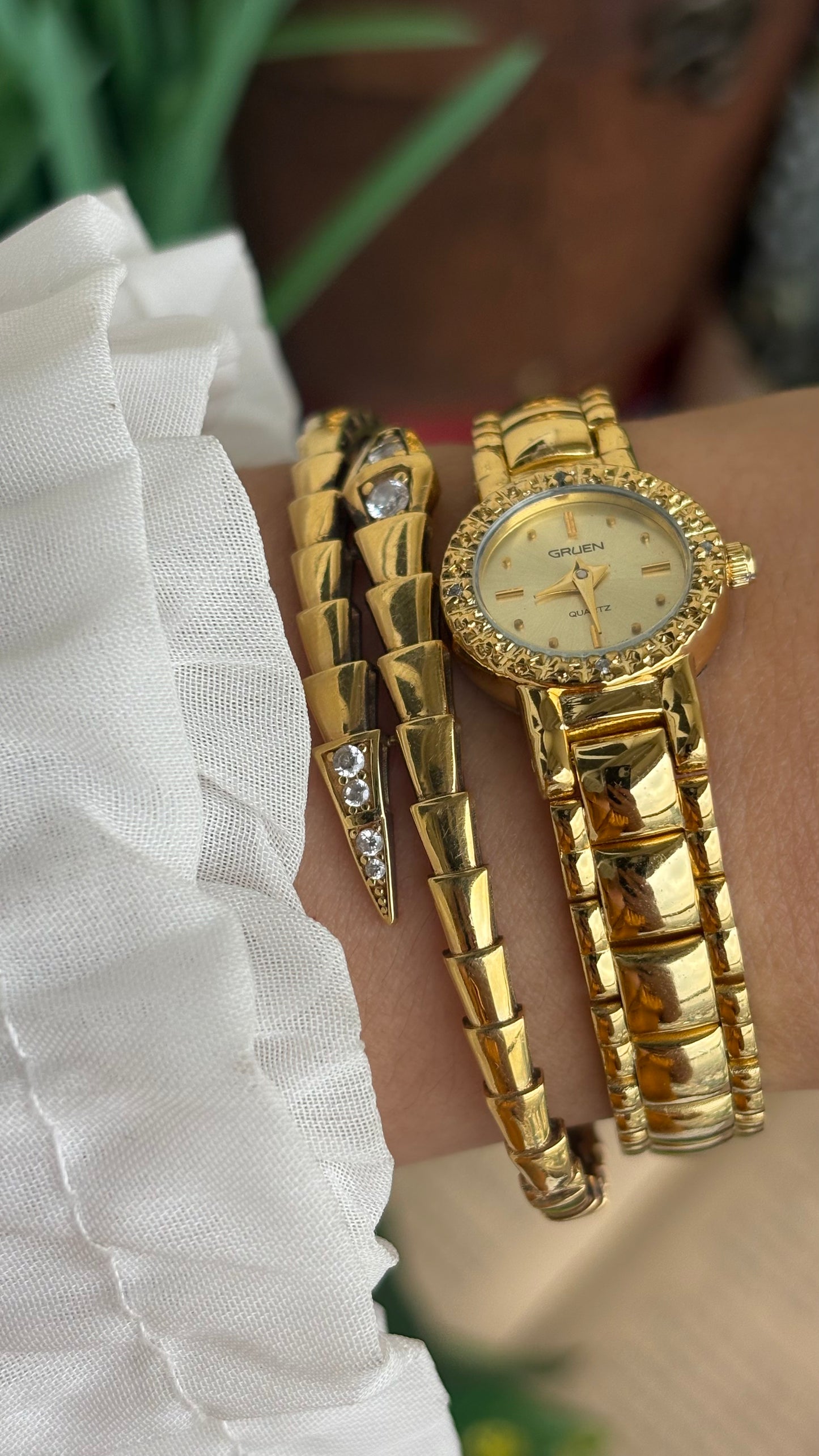 Extremely Rare and Dainty Vintage Gruen Bejeweled Watch in Gold Tone with 4 Genuine Diamonds