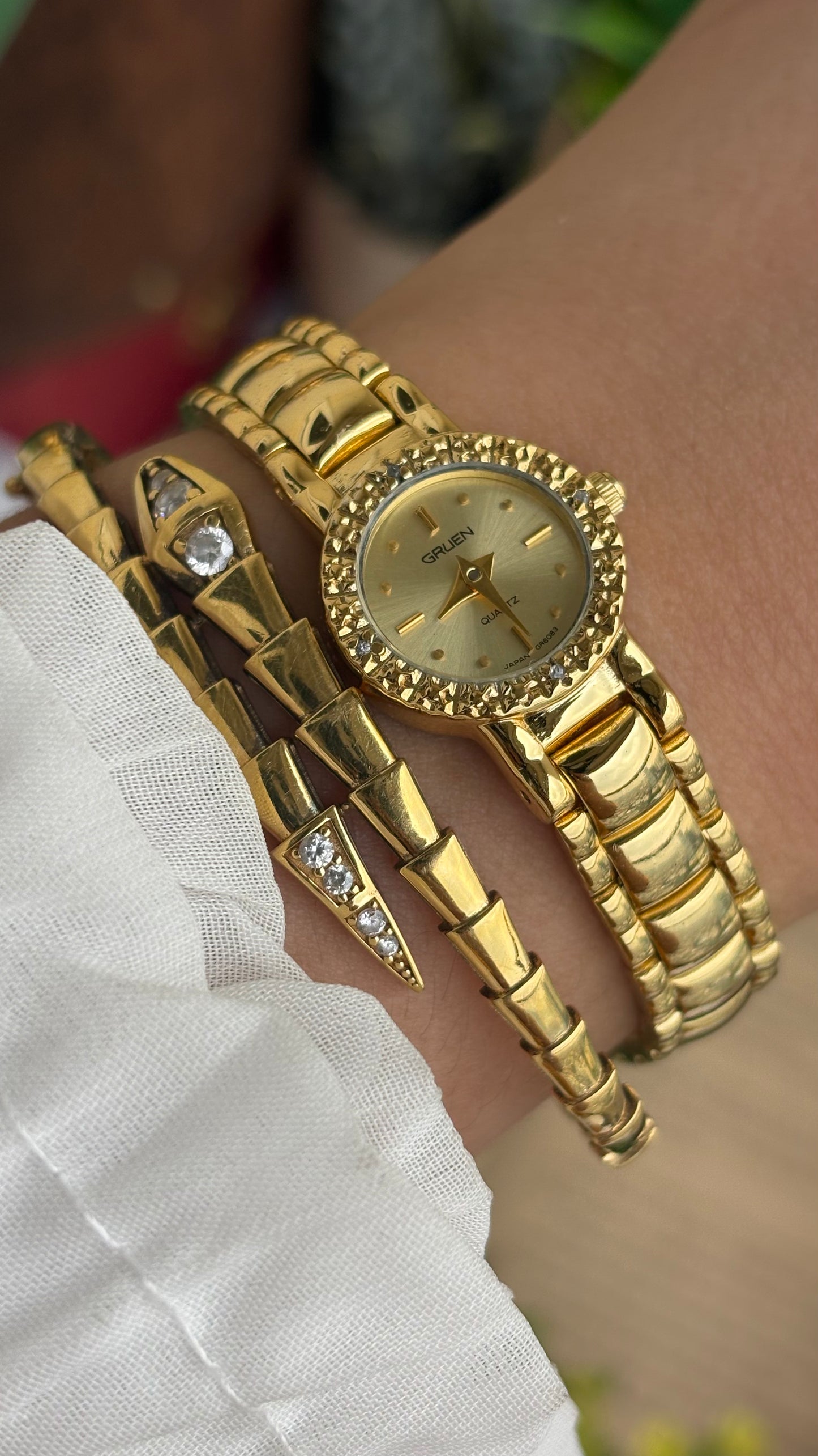 Extremely Rare and Dainty Vintage Gruen Bejeweled Watch in Gold Tone with 4 Genuine Diamonds