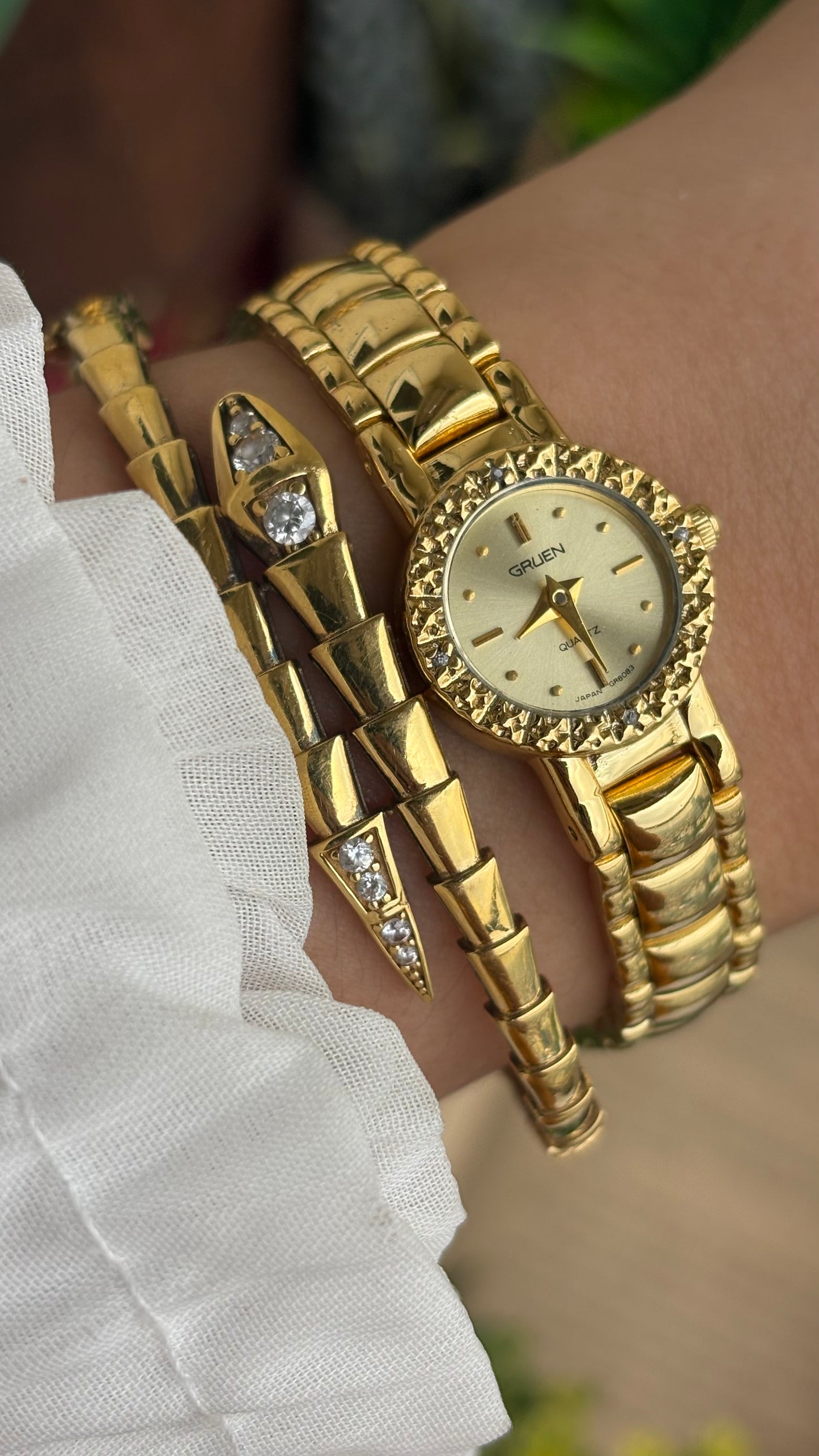 Extremely Rare and Dainty Vintage Gruen Bejeweled Watch in Gold Tone with 4 Genuine Diamonds