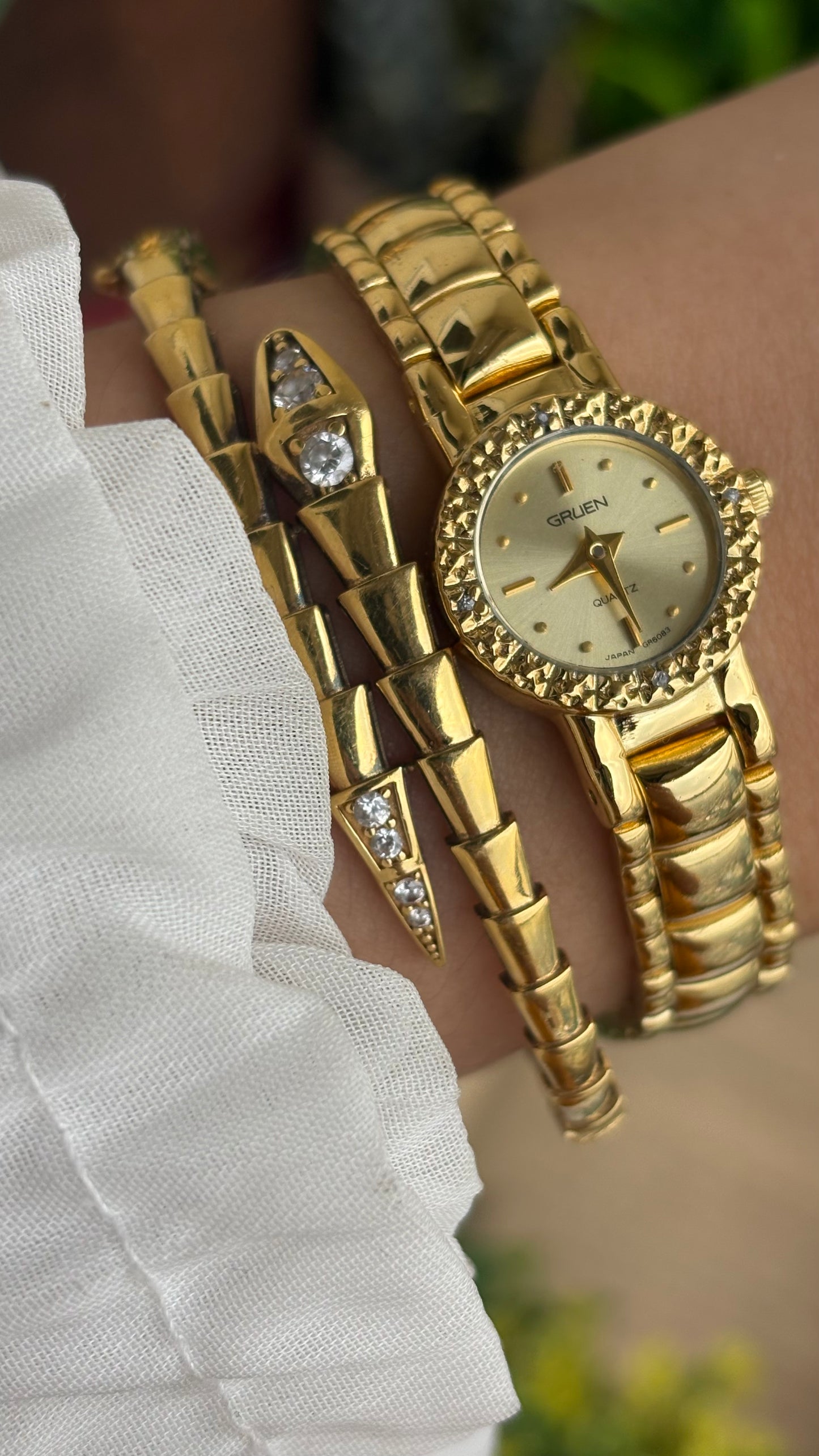 Extremely Rare and Dainty Vintage Gruen Bejeweled Watch in Gold Tone with 4 Genuine Diamonds