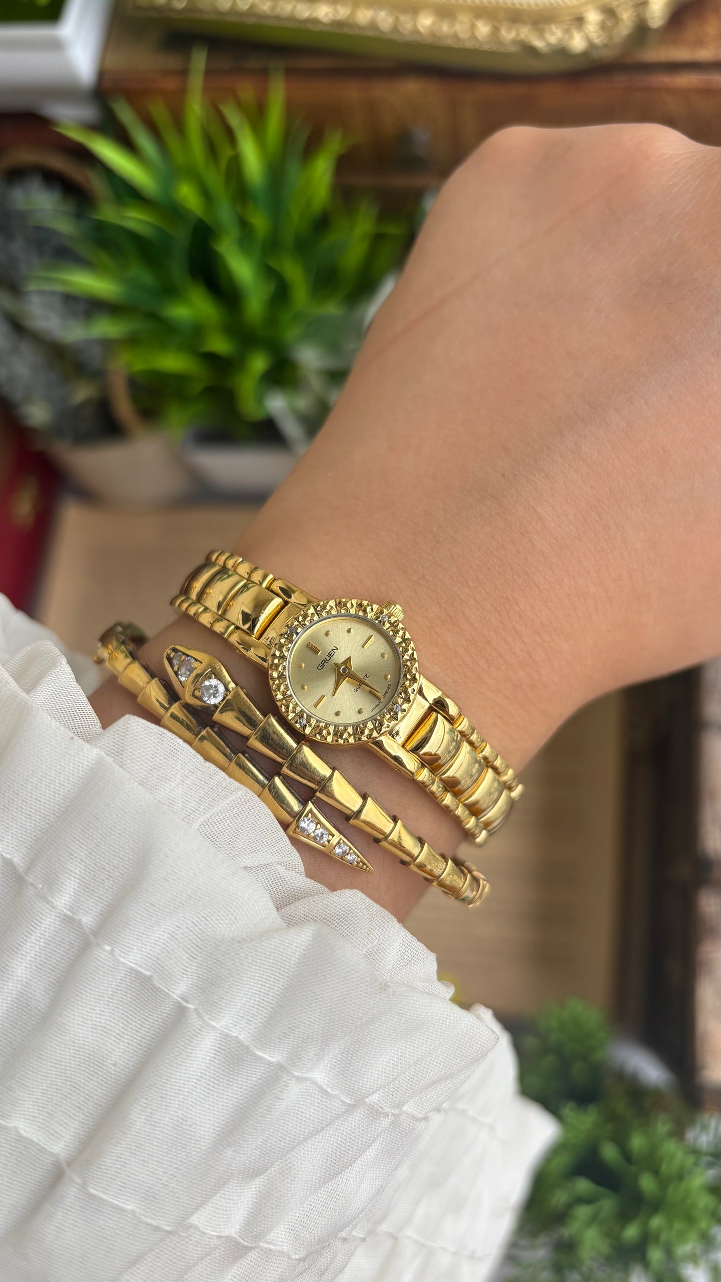 Extremely Rare and Dainty Vintage Gruen Bejeweled Watch in Gold Tone with 4 Genuine Diamonds
