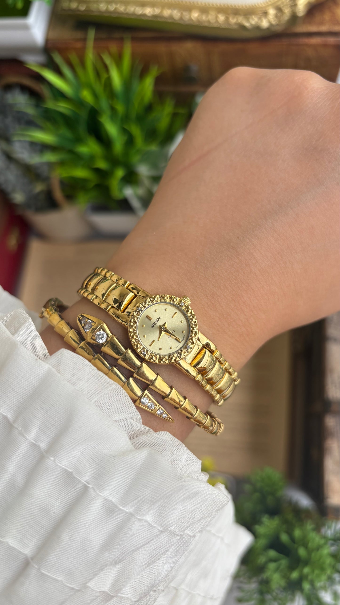 Extremely Rare and Dainty Vintage Gruen Bejeweled Watch in Gold Tone with 4 Genuine Diamonds