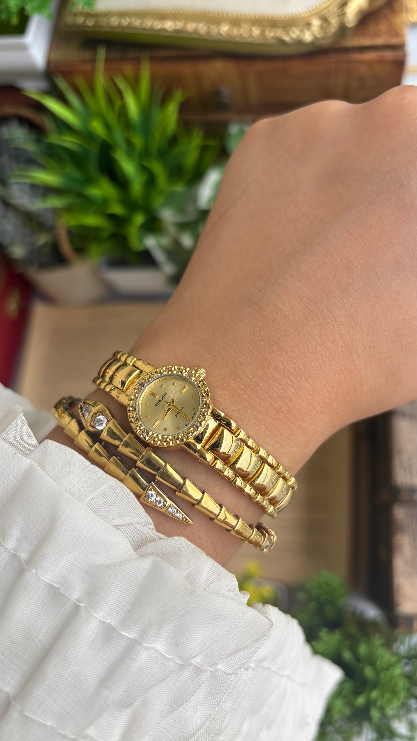 Extremely Rare and Dainty Vintage Gruen Bejeweled Watch in Gold Tone with 4 Genuine Diamonds