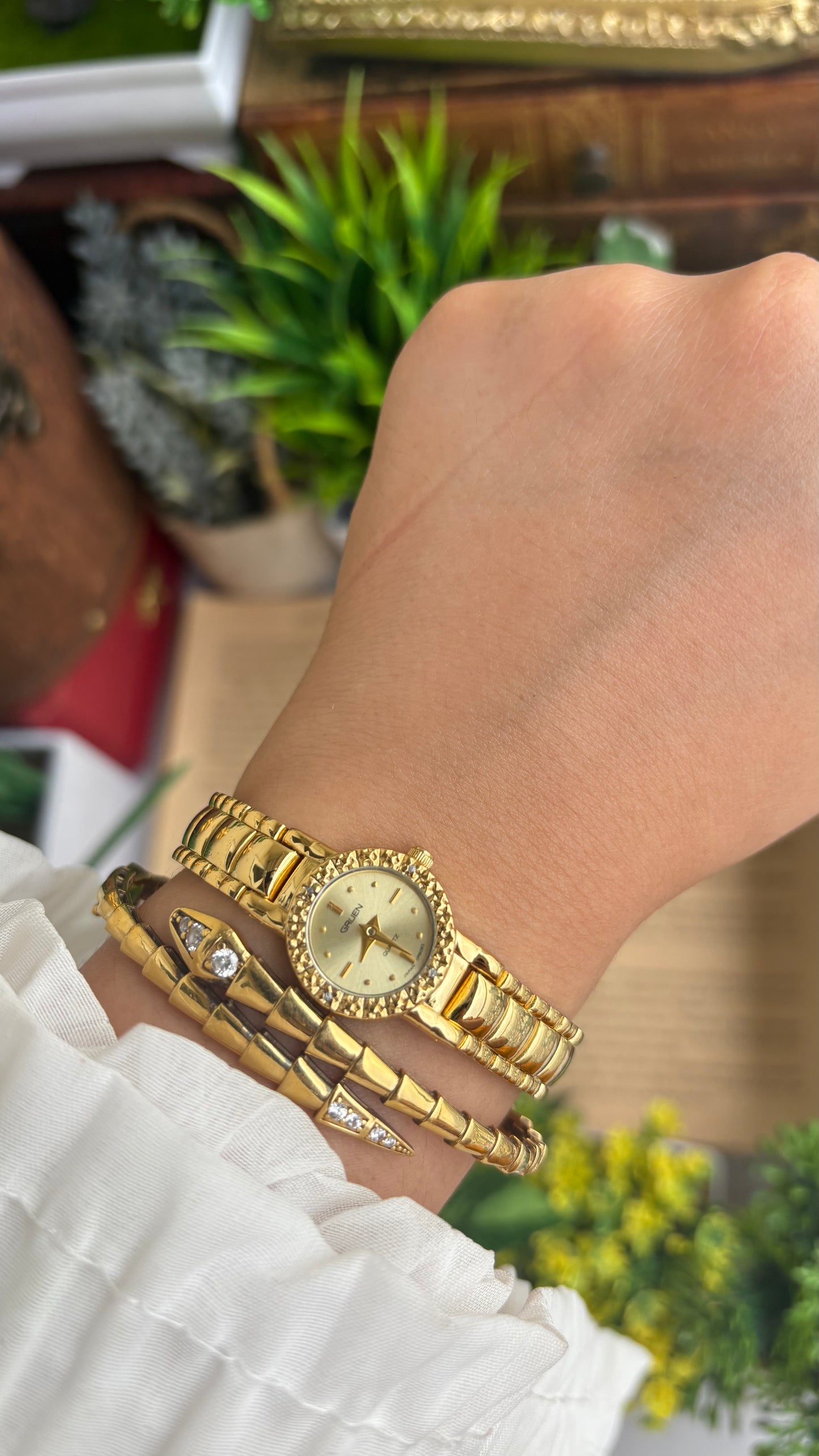 Extremely Rare and Dainty Vintage Gruen Bejeweled Watch in Gold Tone with 4 Genuine Diamonds