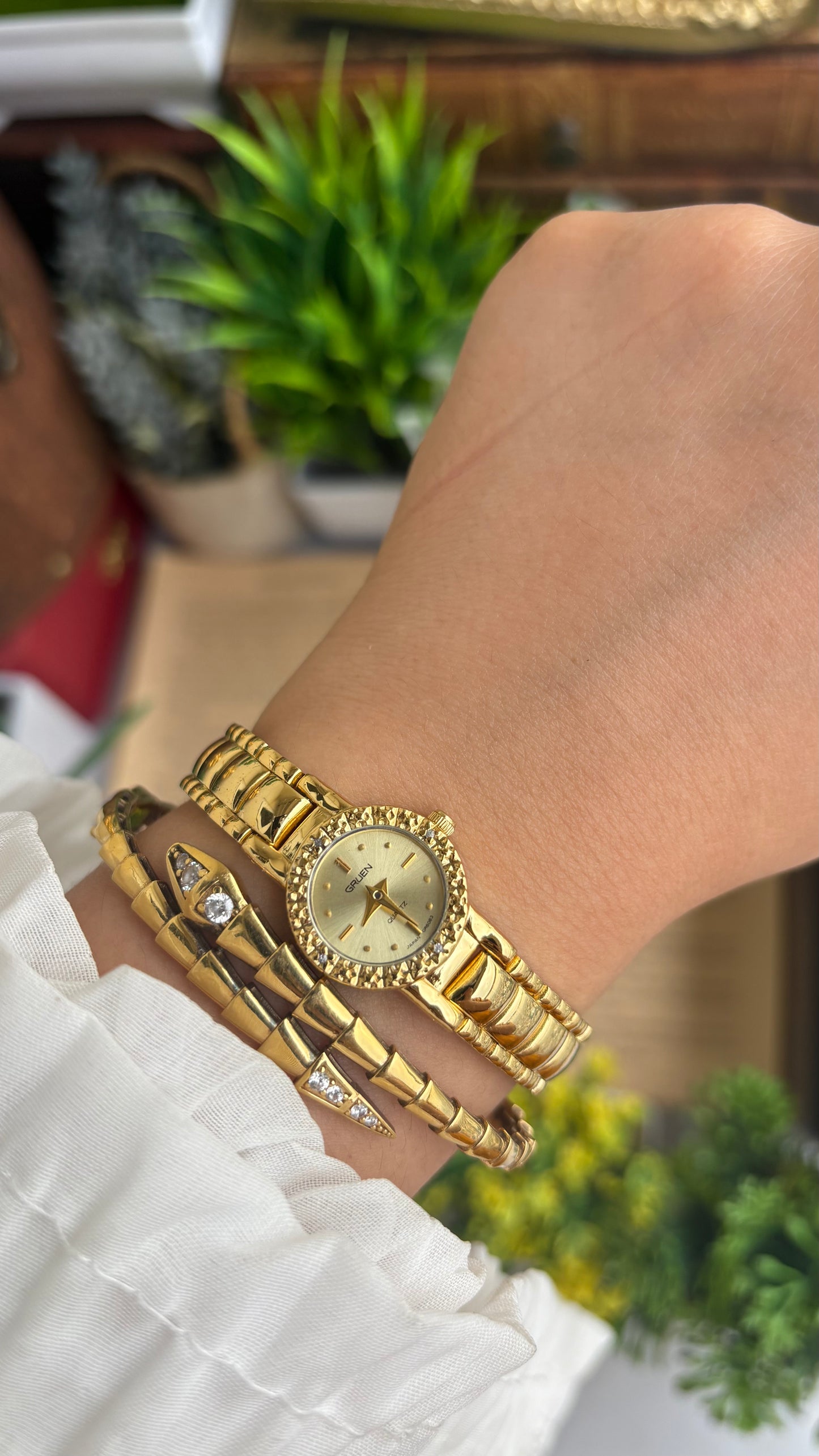 Extremely Rare and Dainty Vintage Gruen Bejeweled Watch in Gold Tone with 4 Genuine Diamonds