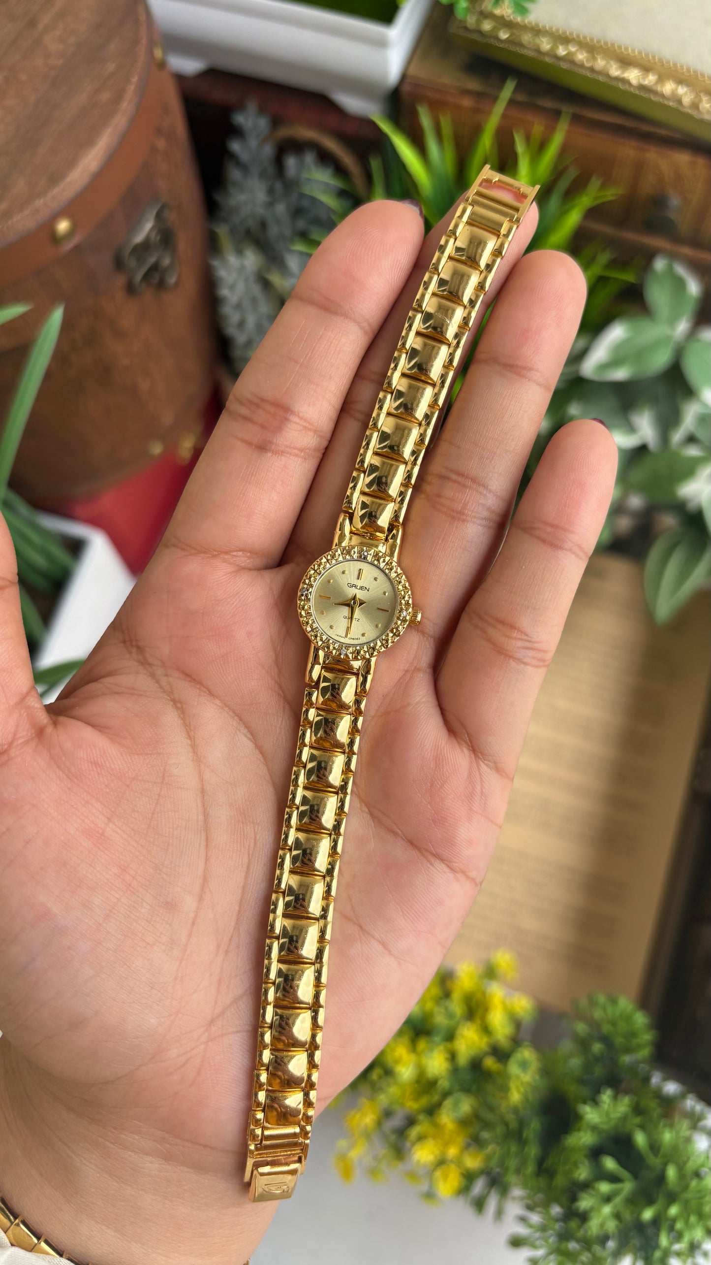 Extremely Rare and Dainty Vintage Gruen Bejeweled Watch in Gold Tone with 4 Genuine Diamonds