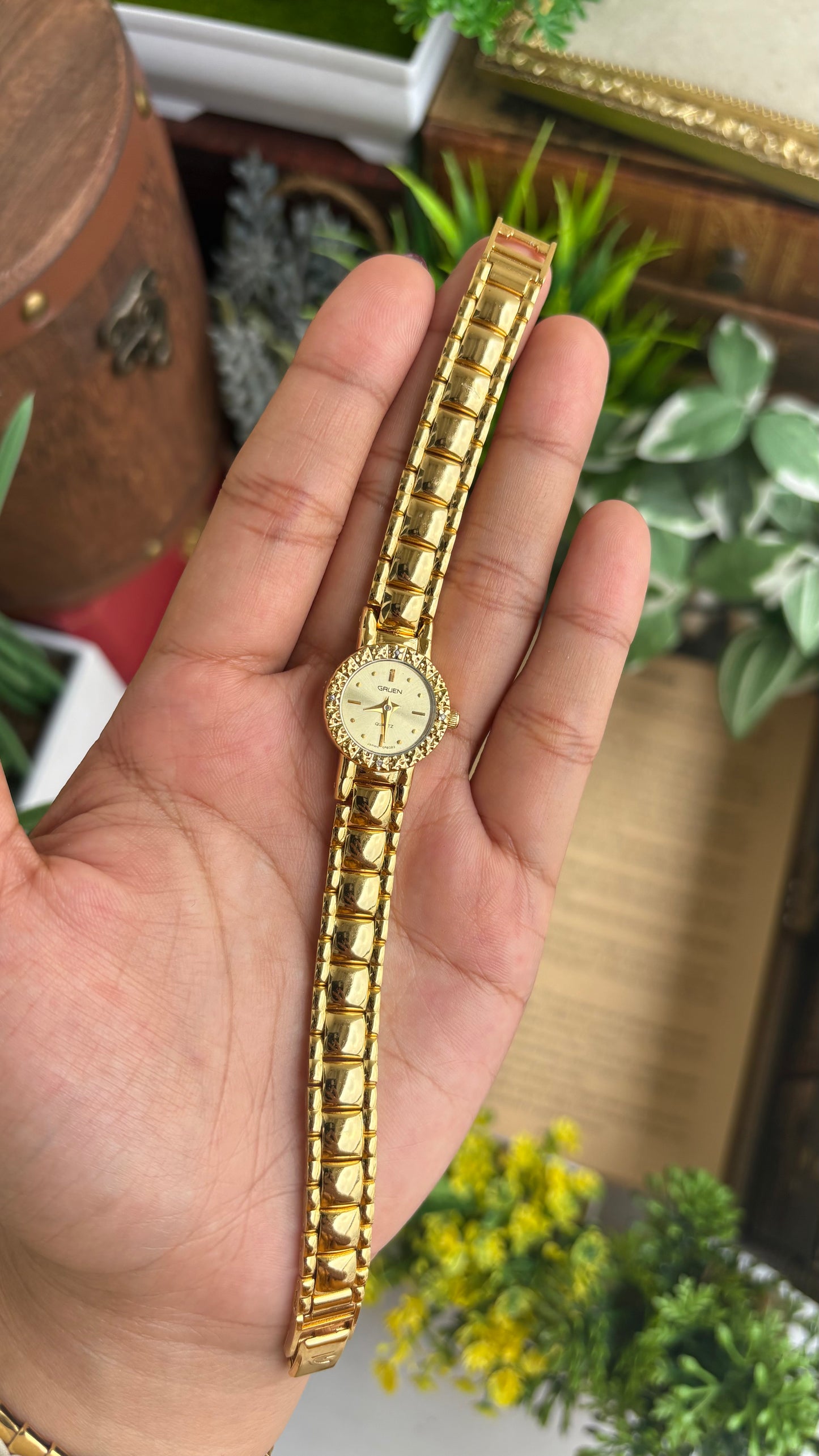 Extremely Rare and Dainty Vintage Gruen Bejeweled Watch in Gold Tone with 4 Genuine Diamonds