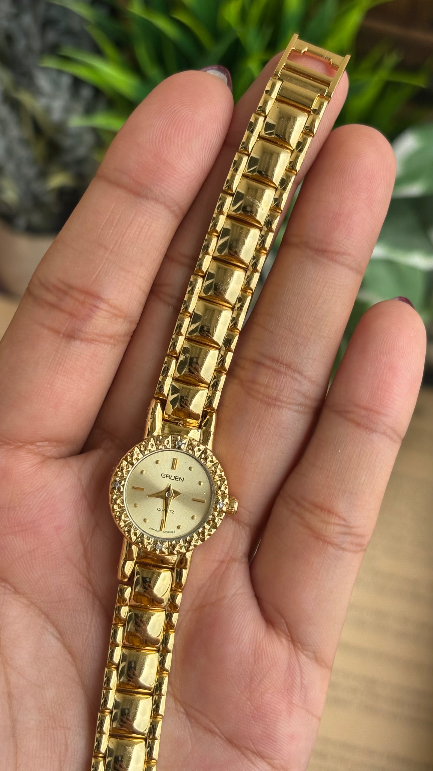 Extremely Rare and Dainty Vintage Gruen Bejeweled Watch in Gold Tone with 4 Genuine Diamonds