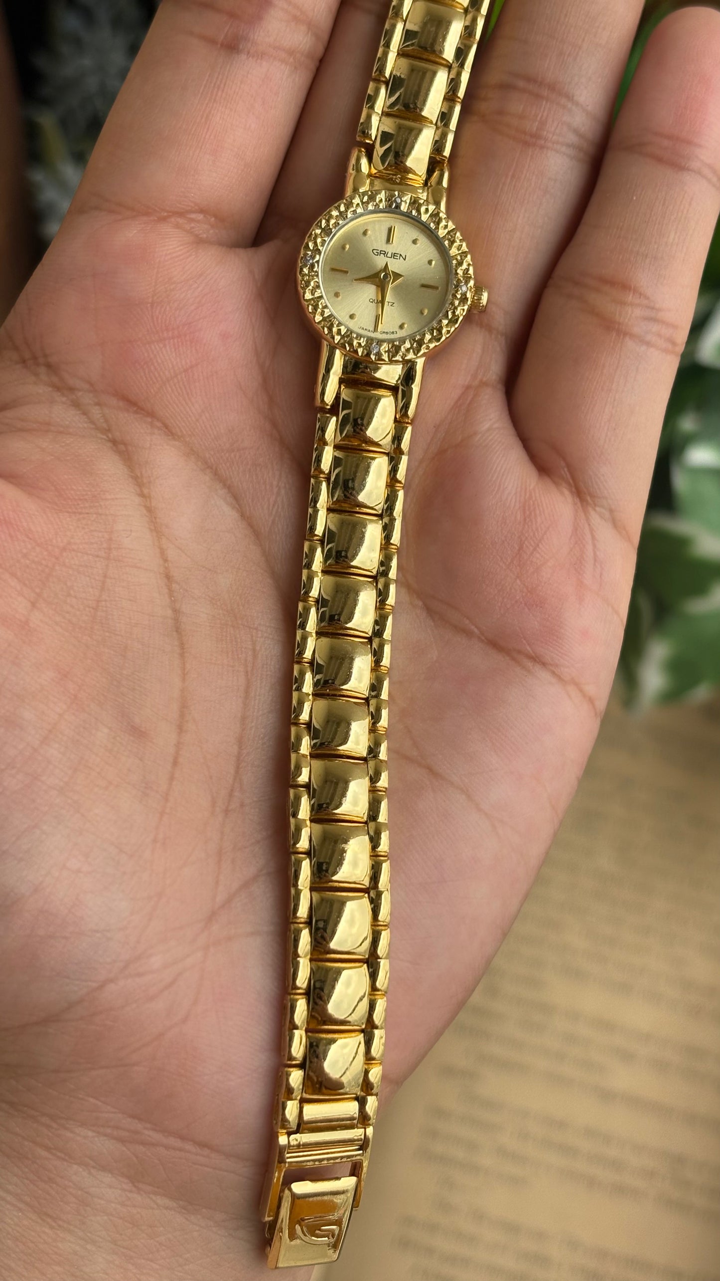 Extremely Rare and Dainty Vintage Gruen Bejeweled Watch in Gold Tone with 4 Genuine Diamonds