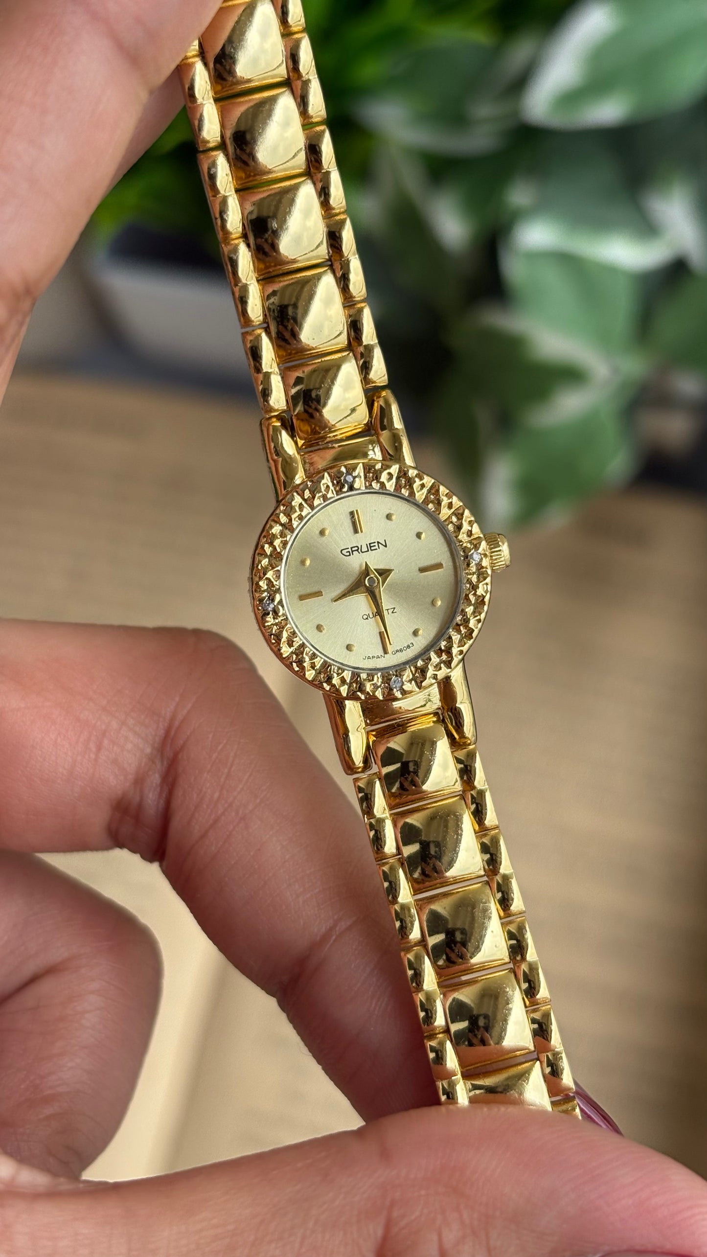 Extremely Rare and Dainty Vintage Gruen Bejeweled Watch in Gold Tone with 4 Genuine Diamonds