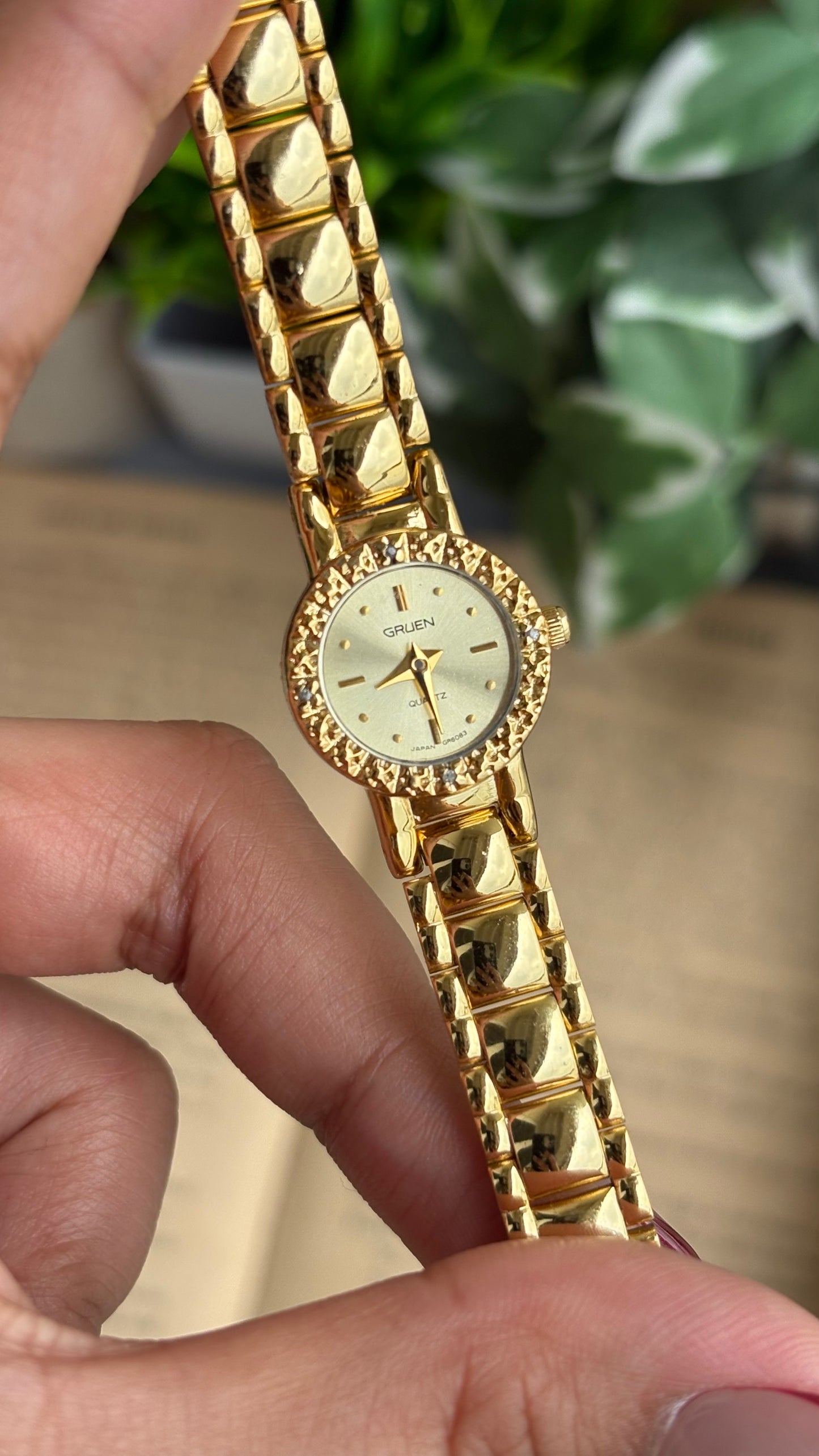 Extremely Rare and Dainty Vintage Gruen Bejeweled Watch in Gold Tone with 4 Genuine Diamonds