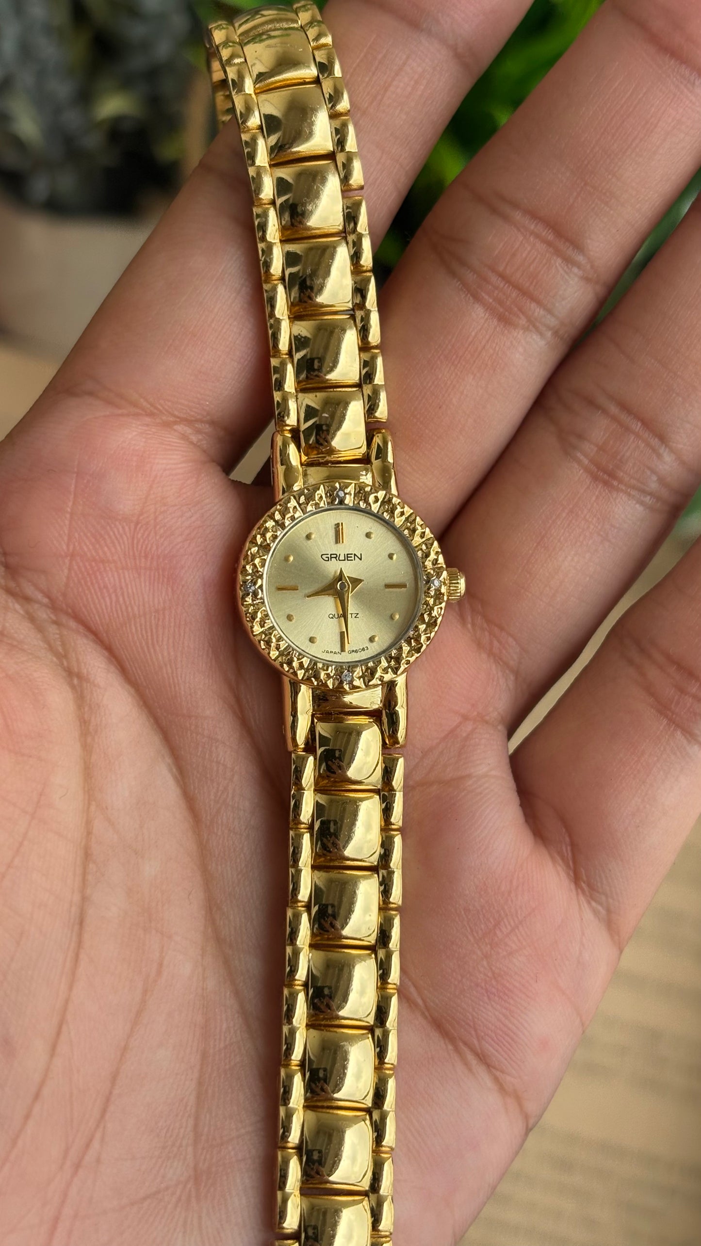 Extremely Rare and Dainty Vintage Gruen Bejeweled Watch in Gold Tone with 4 Genuine Diamonds