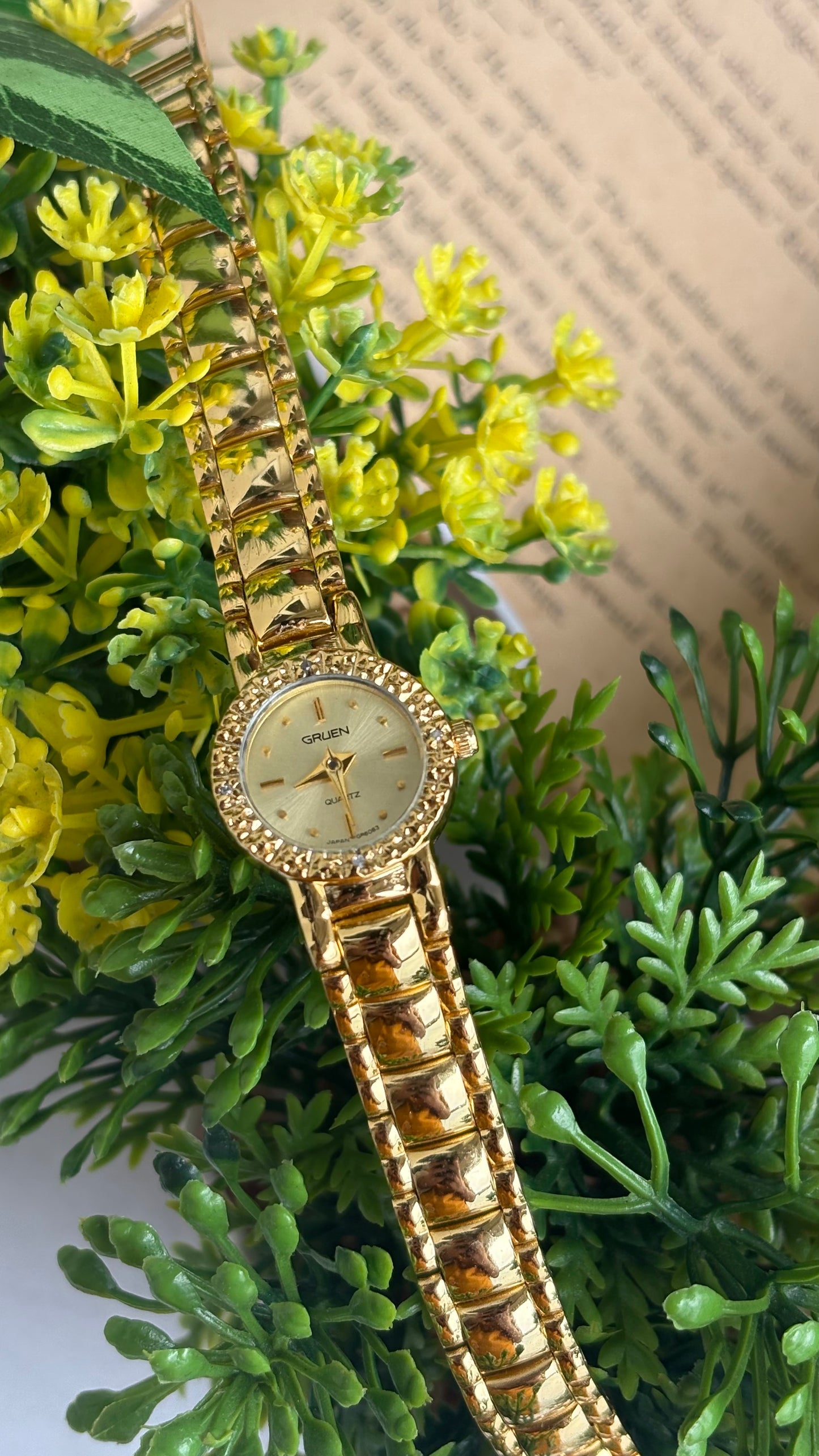 Extremely Rare and Dainty Vintage Gruen Bejeweled Watch in Gold Tone with 4 Genuine Diamonds