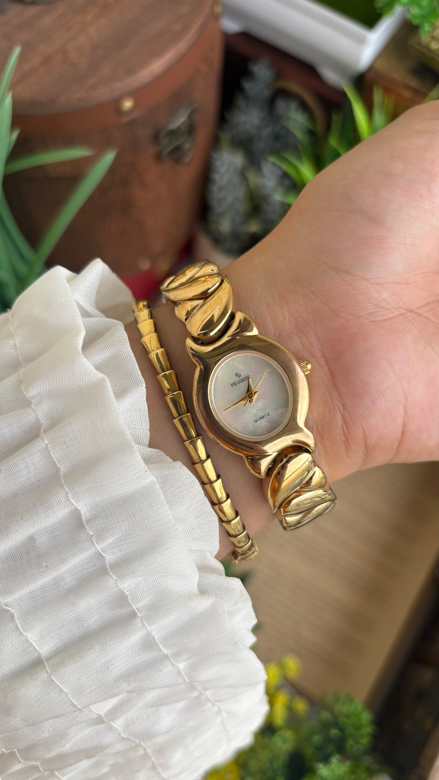Vintage Peugeot Watch in Gold Tone Pearl Dial Heart Straps