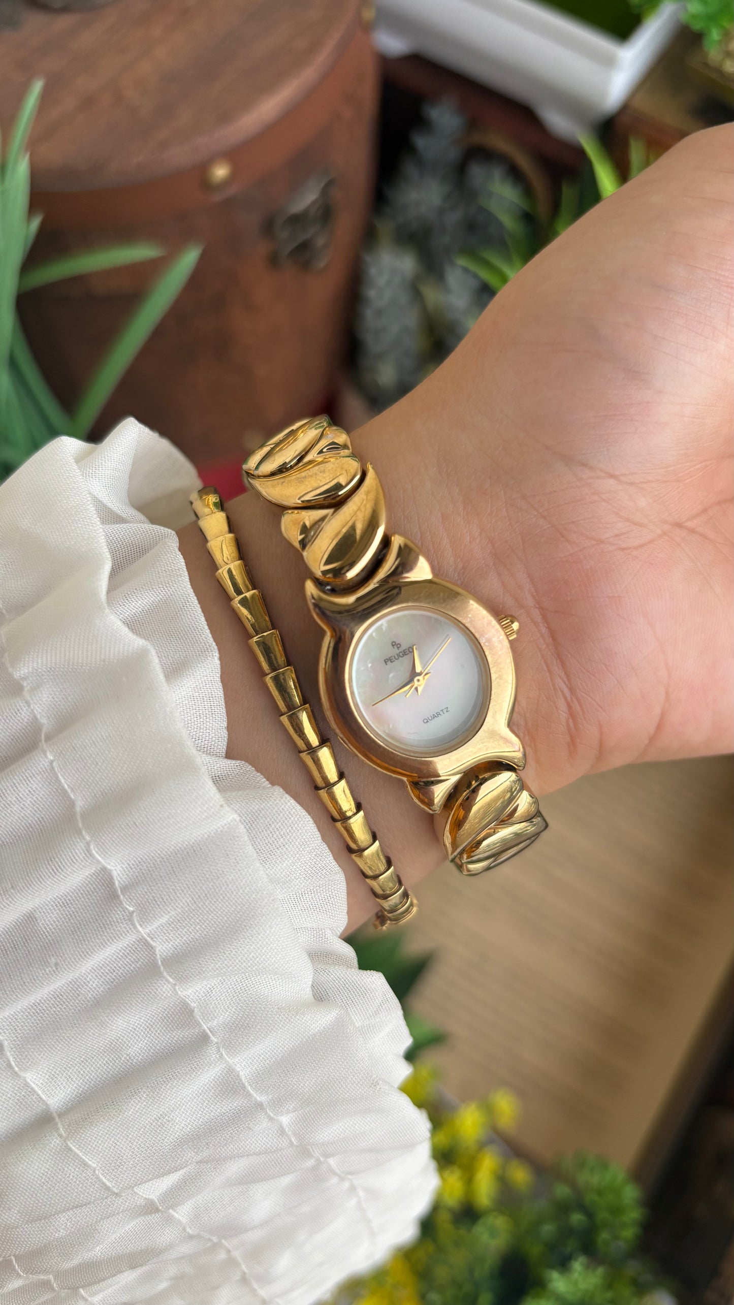 Vintage Peugeot Watch in Gold Tone Pearl Dial Heart Straps