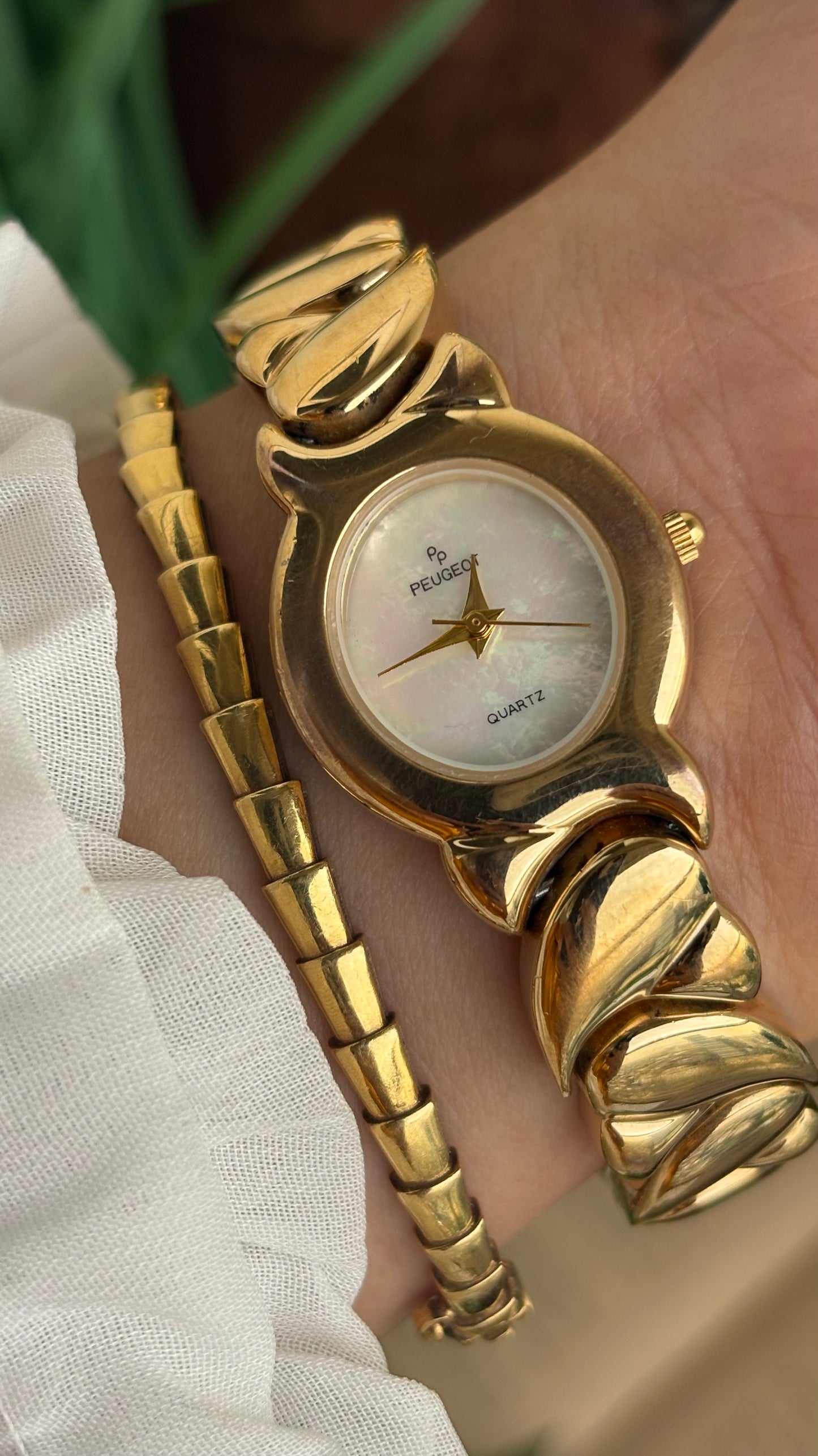 Vintage Peugeot Watch in Gold Tone Pearl Dial Heart Straps