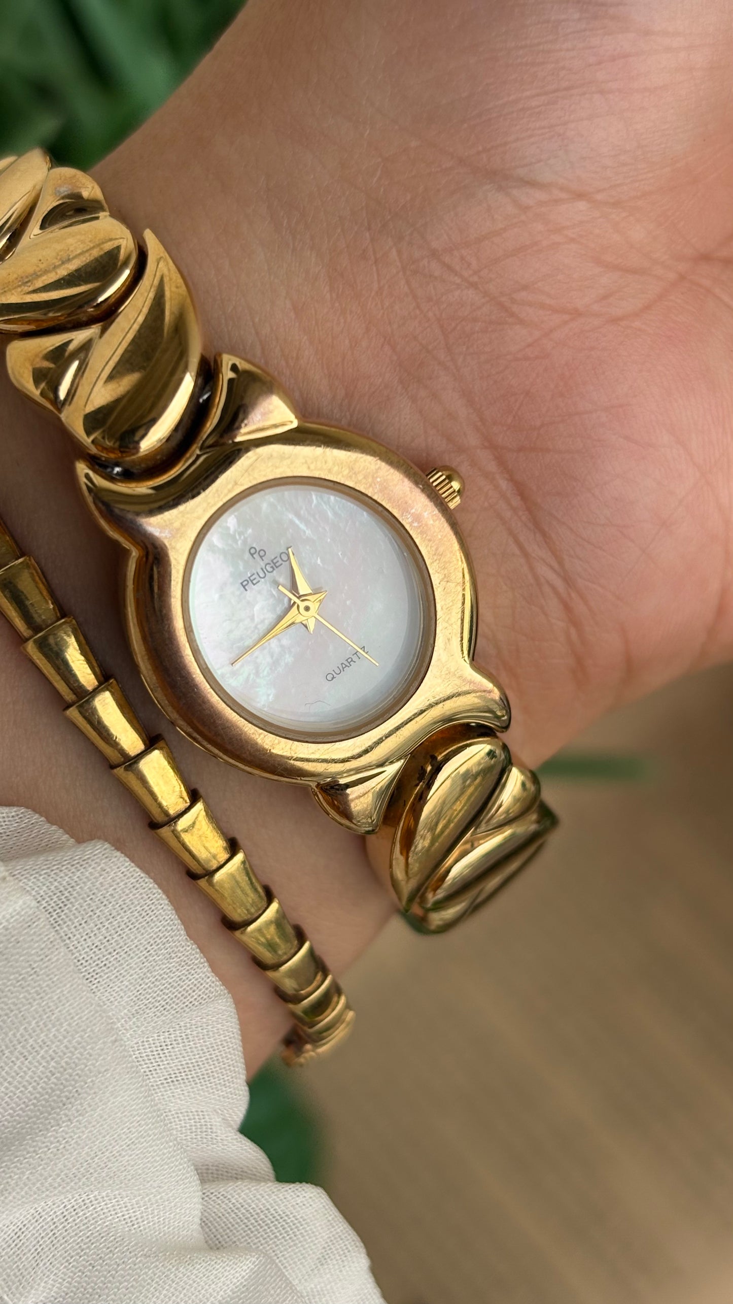 Vintage Peugeot Watch in Gold Tone Pearl Dial Heart Straps