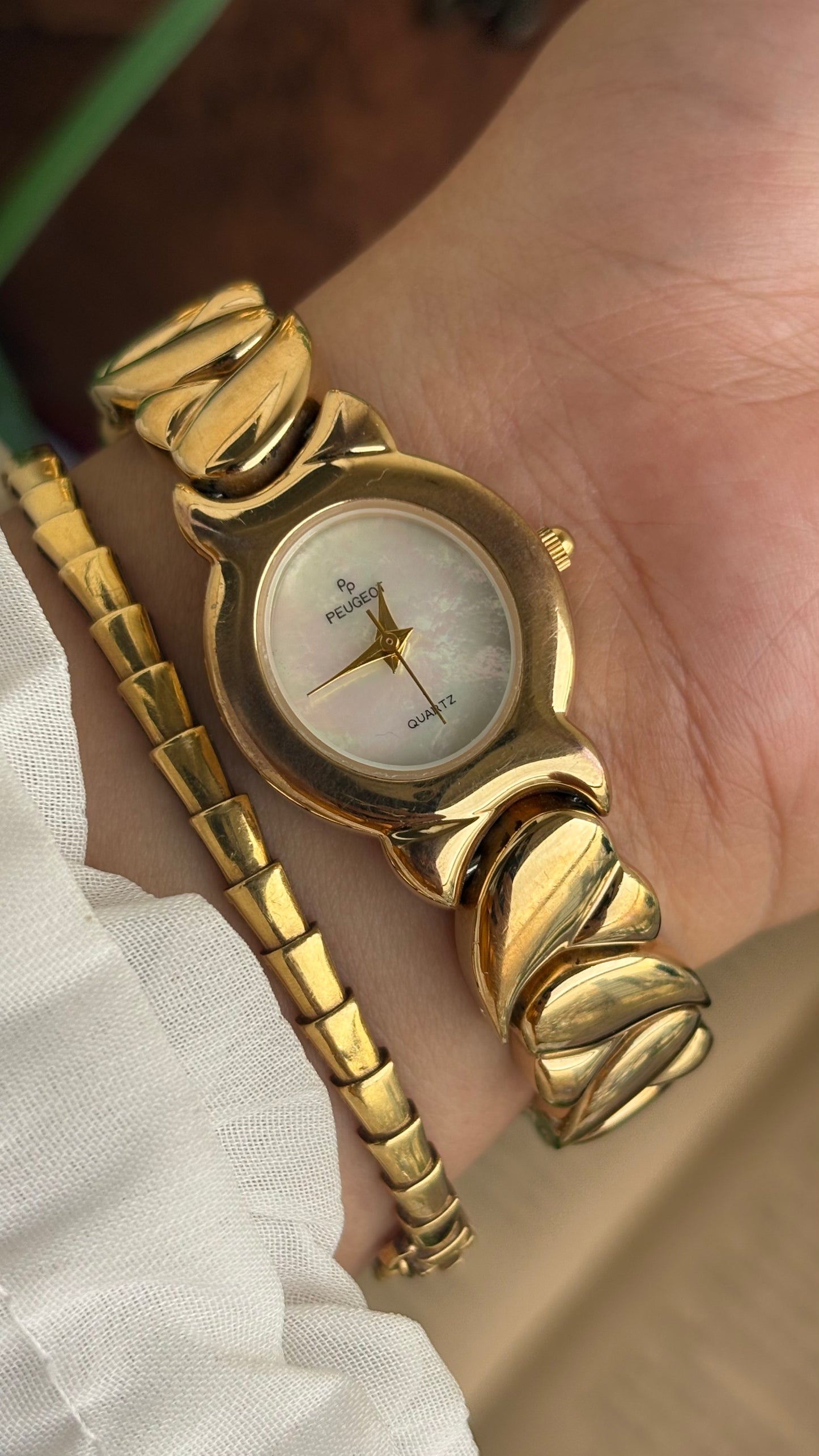 Vintage Peugeot Watch in Gold Tone Pearl Dial Heart Straps