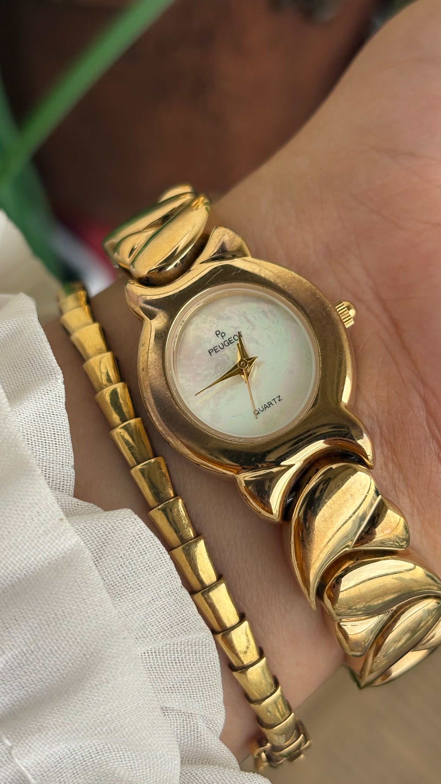Vintage Peugeot Watch in Gold Tone Pearl Dial Heart Straps