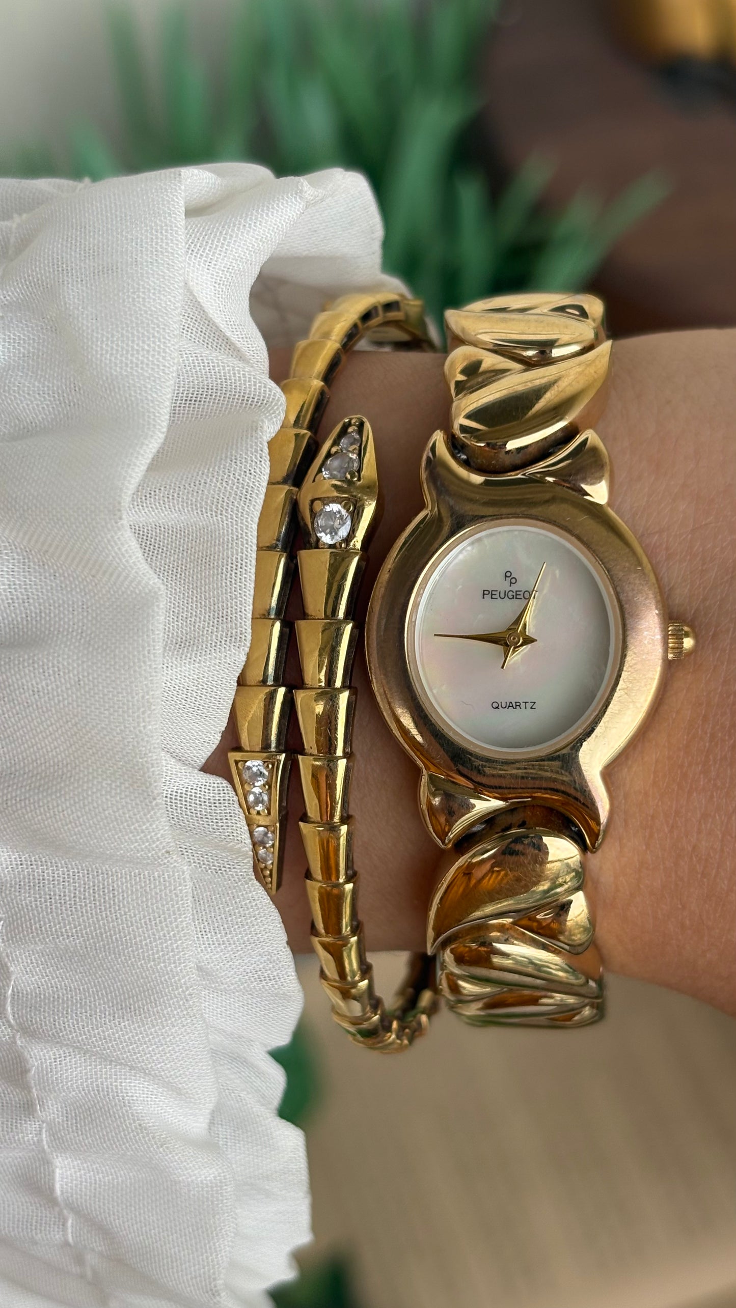 Vintage Peugeot Watch in Gold Tone Pearl Dial Heart Straps