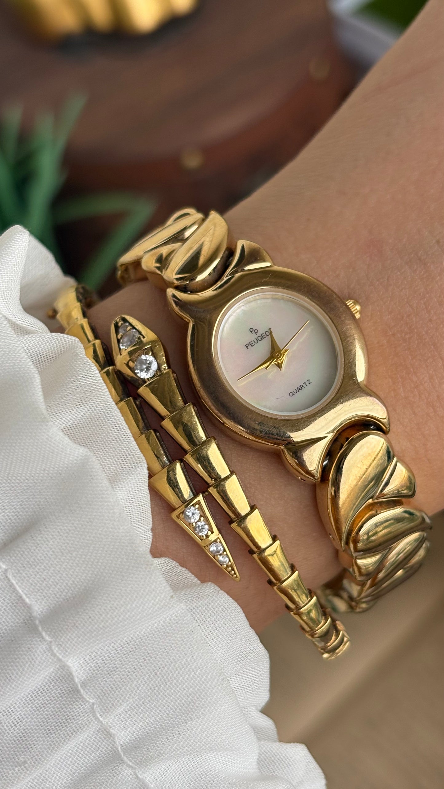 Vintage Peugeot Watch in Gold Tone Pearl Dial Heart Straps