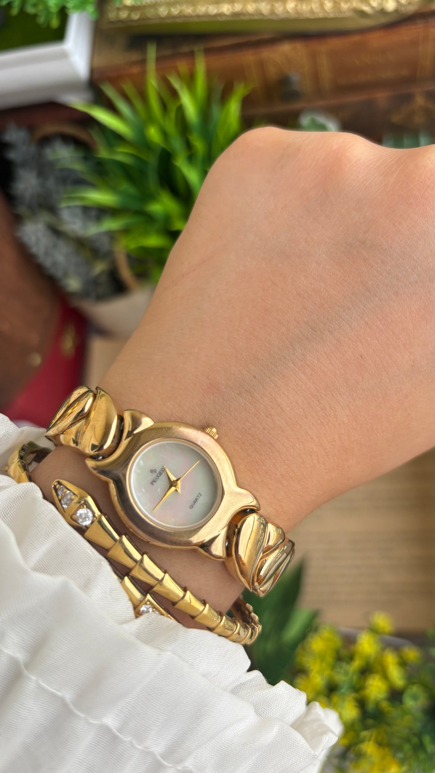 Vintage Peugeot Watch in Gold Tone Pearl Dial Heart Straps