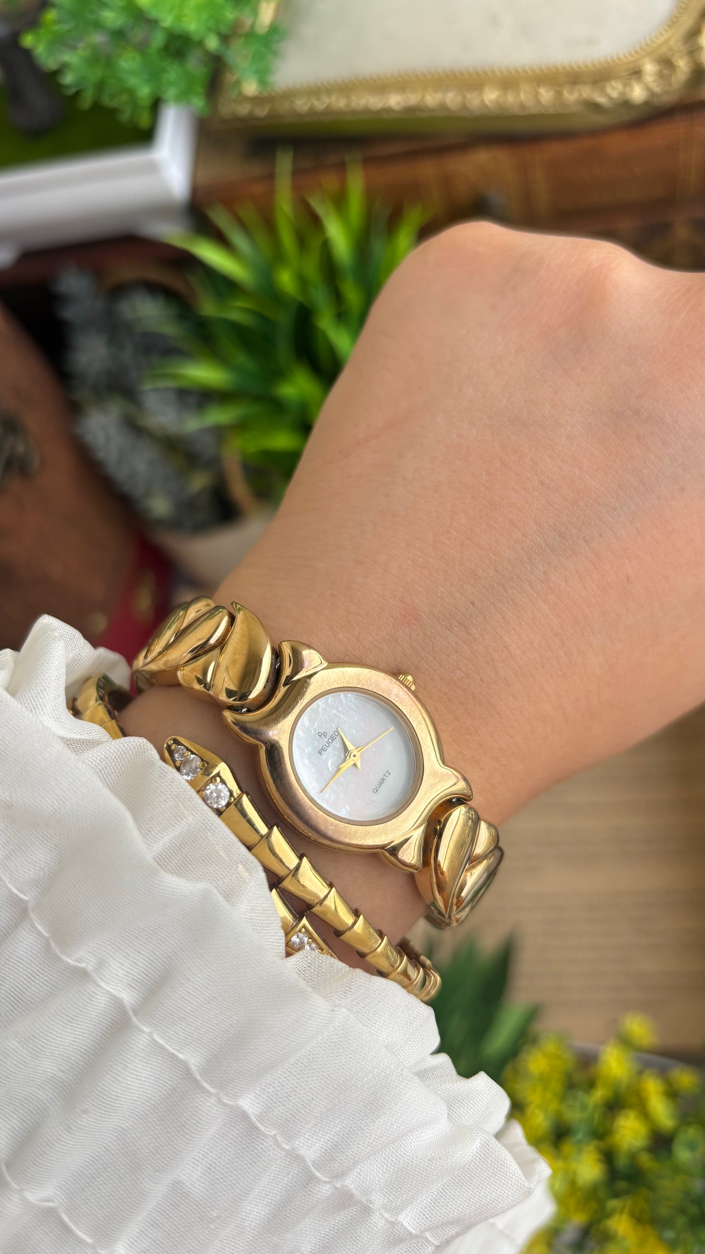 Vintage Peugeot Watch in Gold Tone Pearl Dial Heart Straps