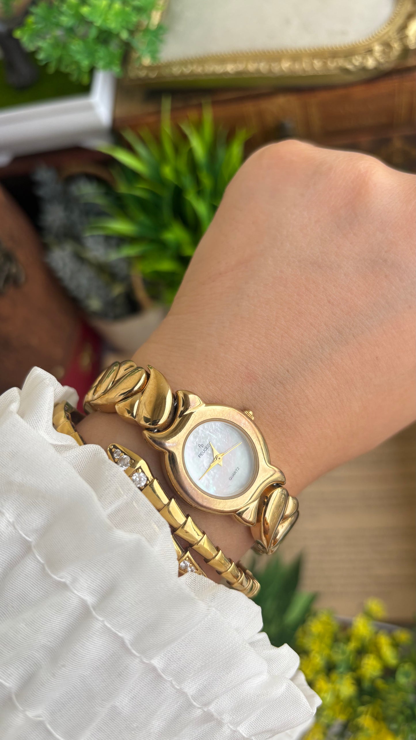 Vintage Peugeot Watch in Gold Tone Pearl Dial Heart Straps