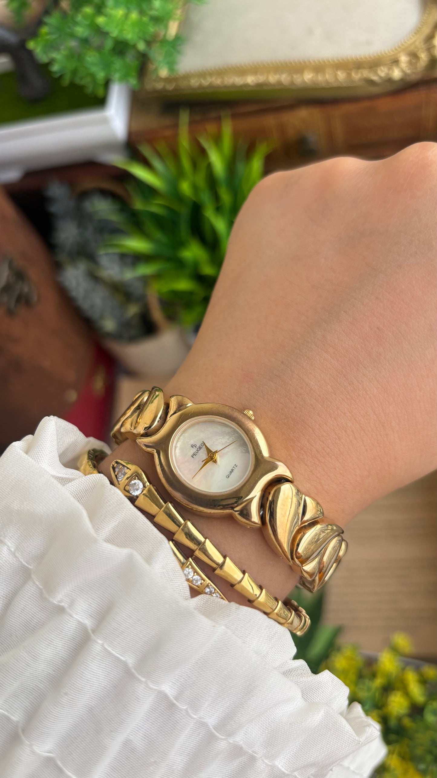 Vintage Peugeot Watch in Gold Tone Pearl Dial Heart Straps