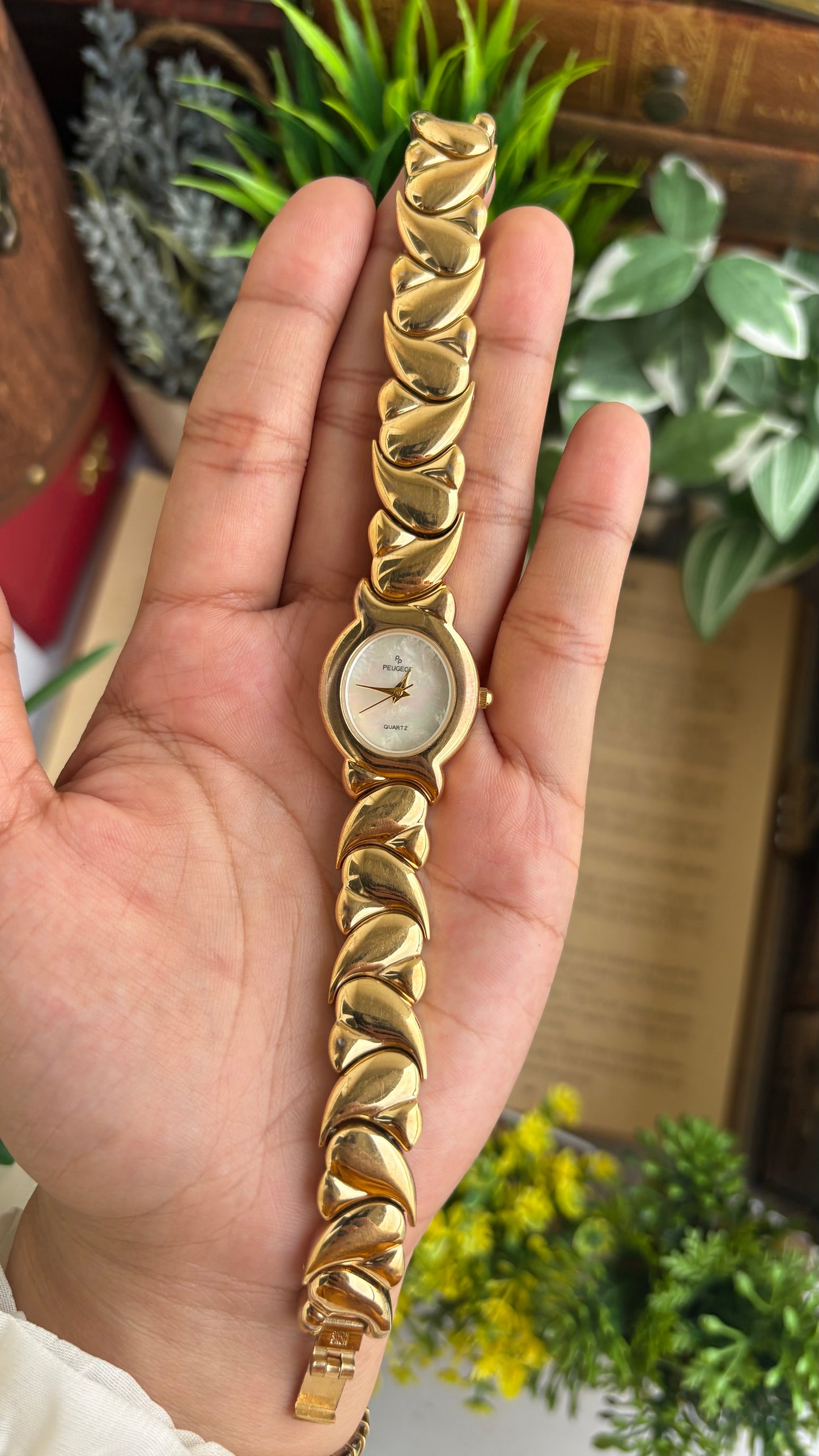 Vintage Peugeot Watch in Gold Tone Pearl Dial Heart Straps