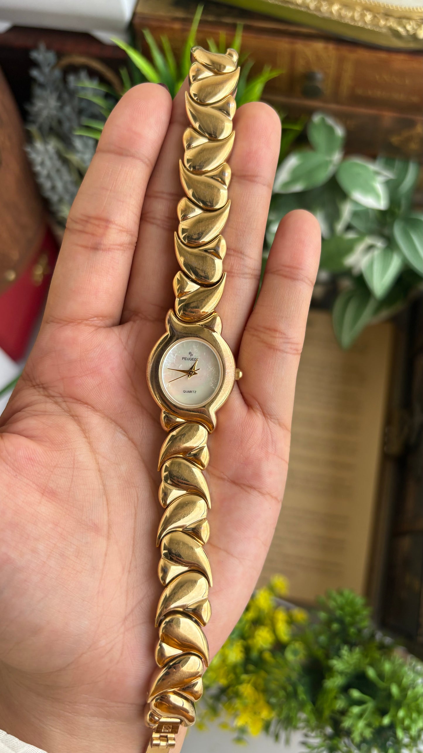 Vintage Peugeot Watch in Gold Tone Pearl Dial Heart Straps