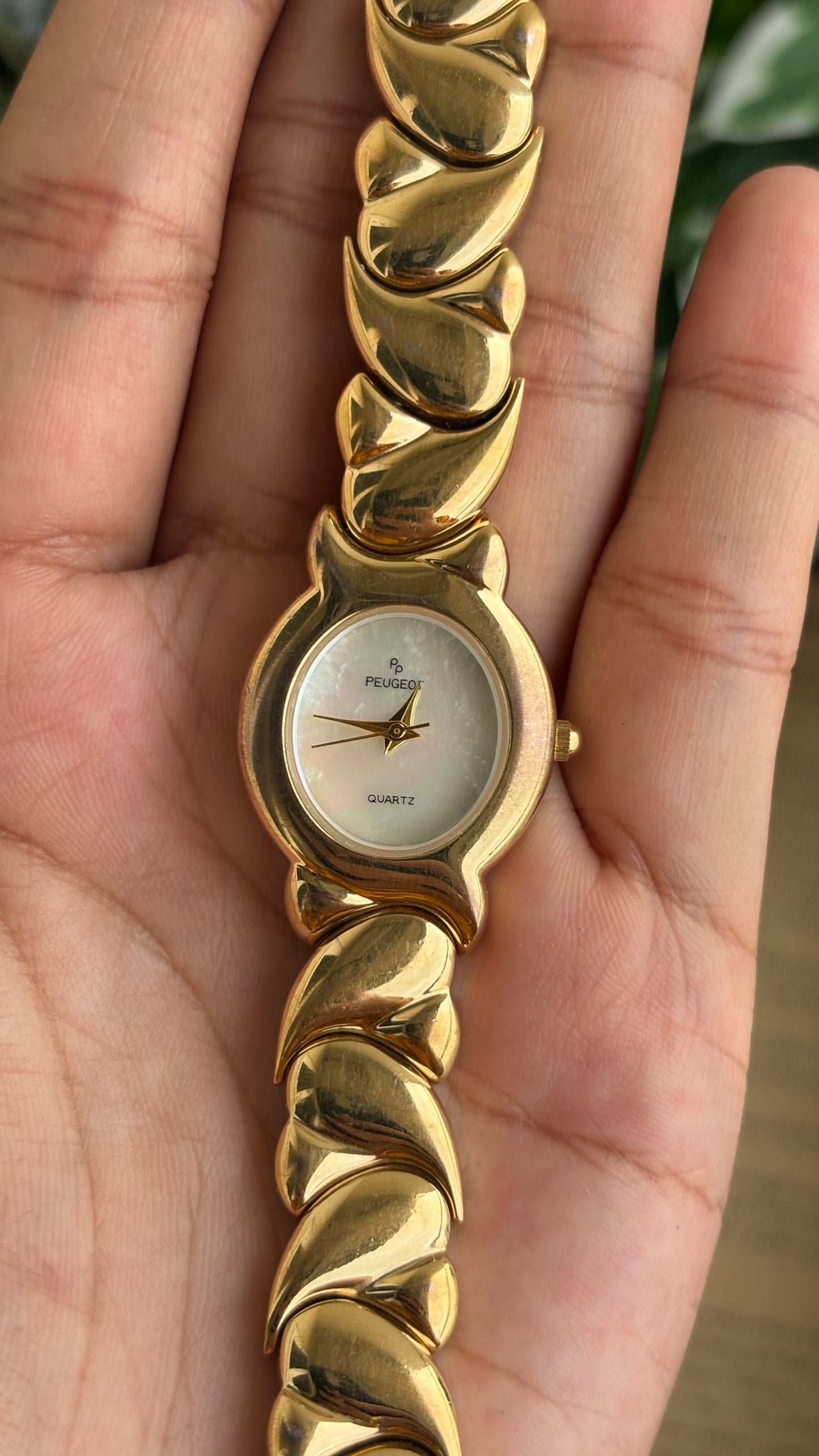 Vintage Peugeot Watch in Gold Tone Pearl Dial Heart Straps