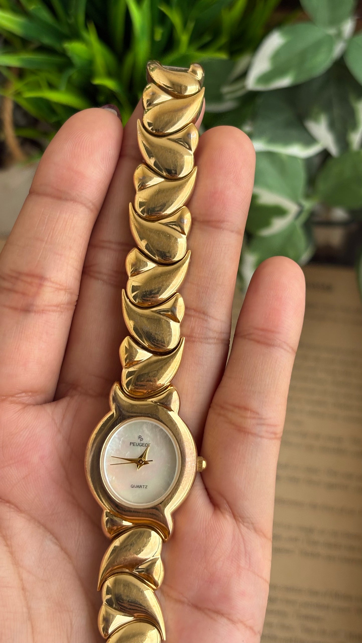 Vintage Peugeot Watch in Gold Tone Pearl Dial Heart Straps