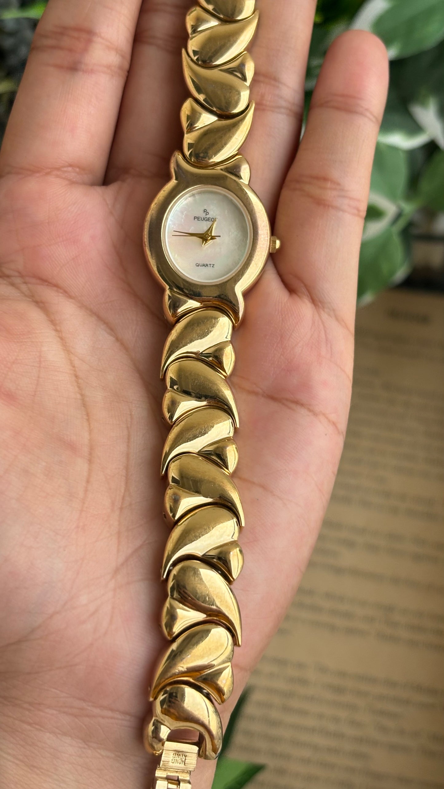 Vintage Peugeot Watch in Gold Tone Pearl Dial Heart Straps
