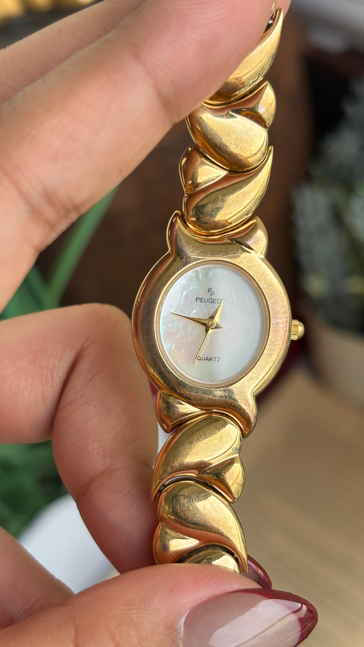 Vintage Peugeot Watch in Gold Tone Pearl Dial Heart Straps