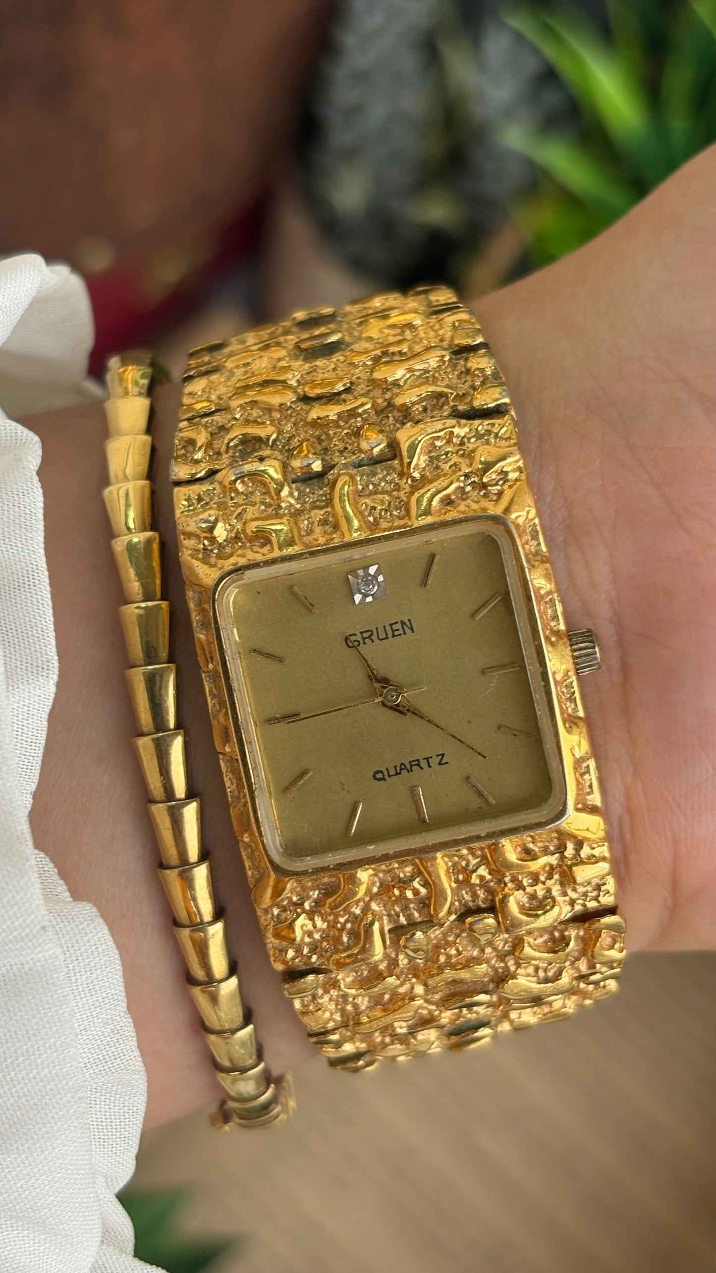 Vintage Gruen Nugget Watch in Gold Tone with Diamond