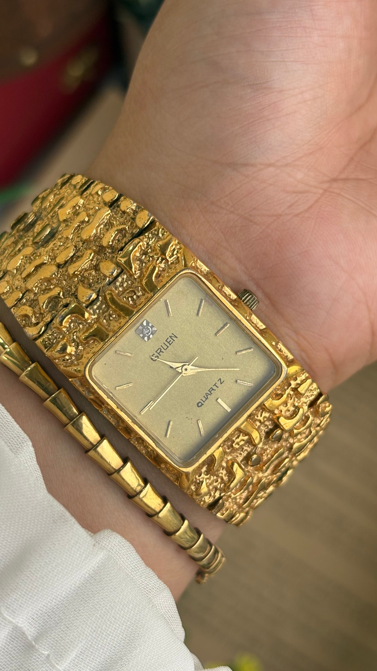 Vintage Gruen Nugget Watch in Gold Tone with Diamond