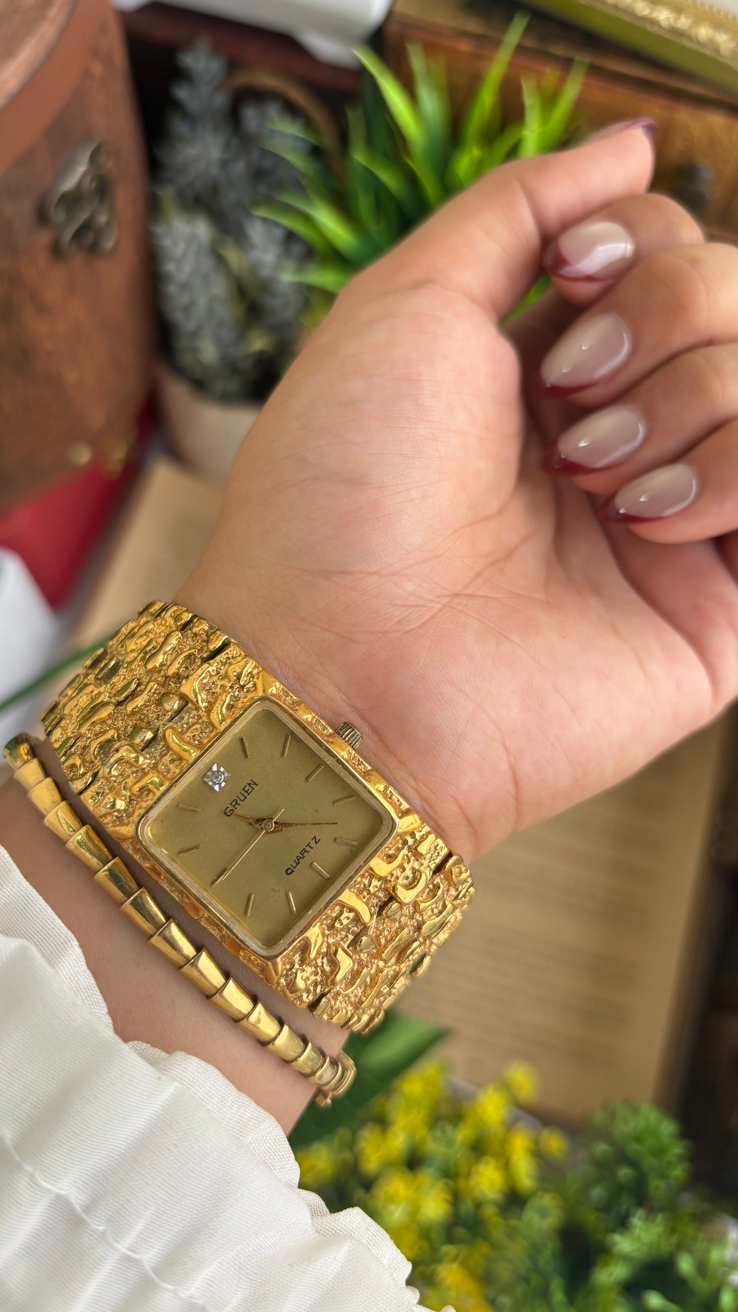 Vintage Gruen Nugget Watch in Gold Tone with Diamond