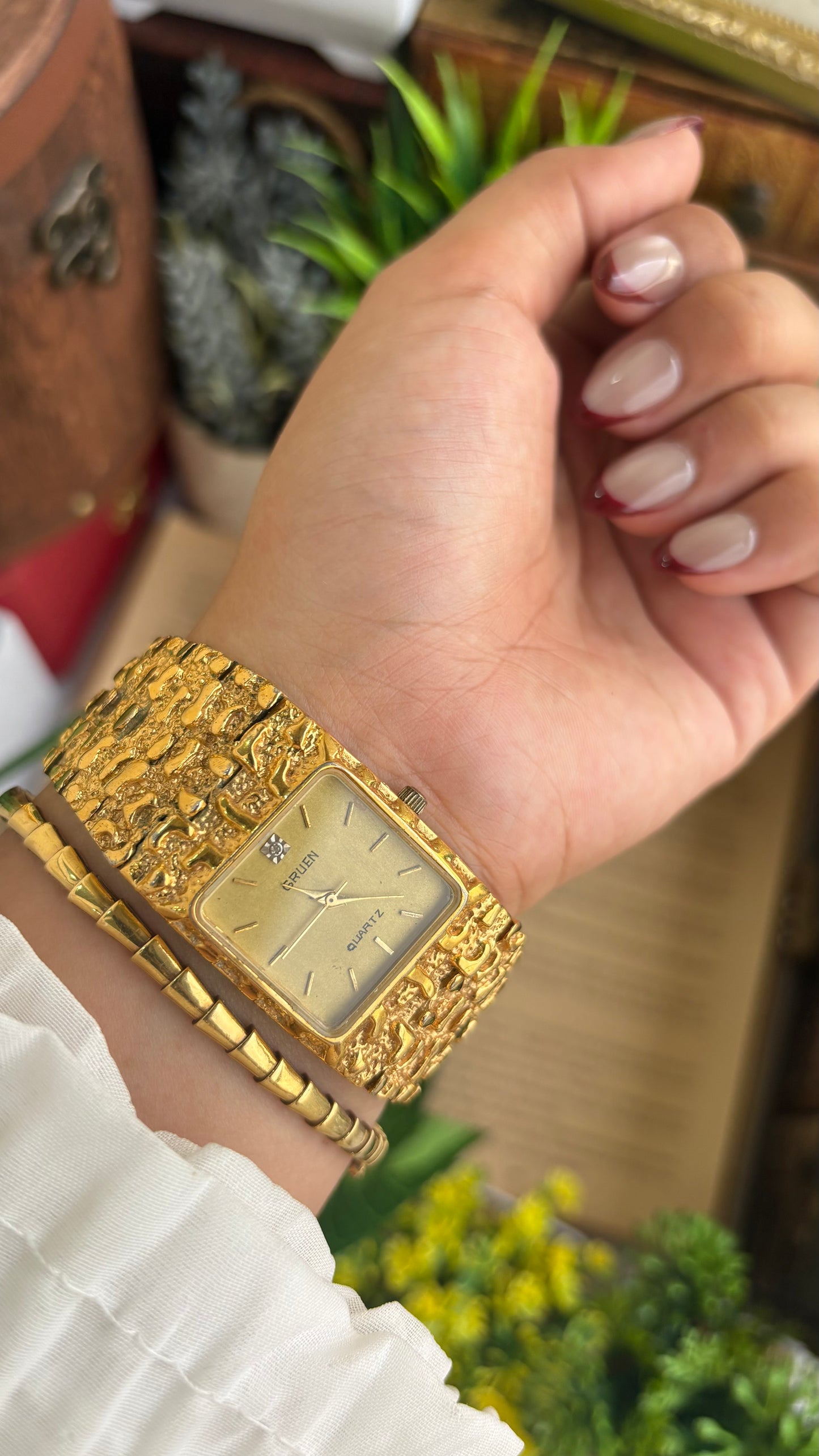 Vintage Gruen Nugget Watch in Gold Tone with Diamond