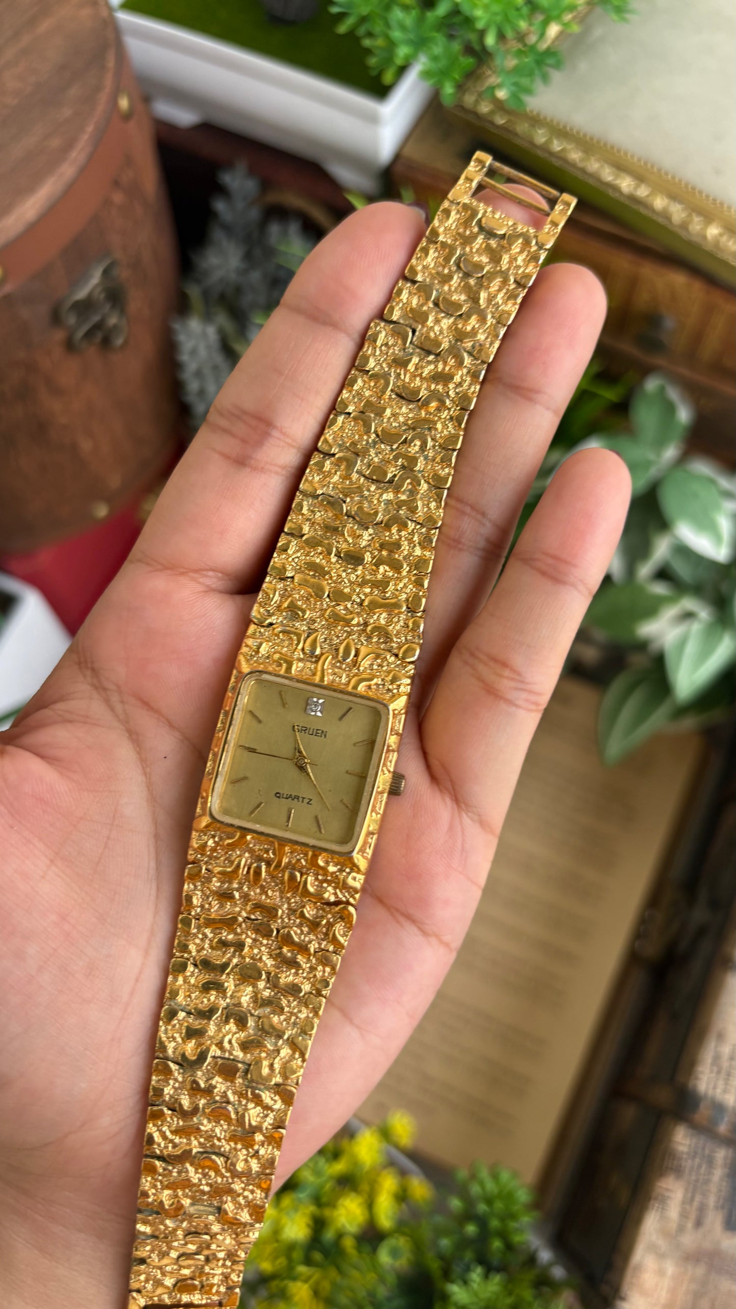 Vintage Gruen Nugget Watch in Gold Tone with Diamond