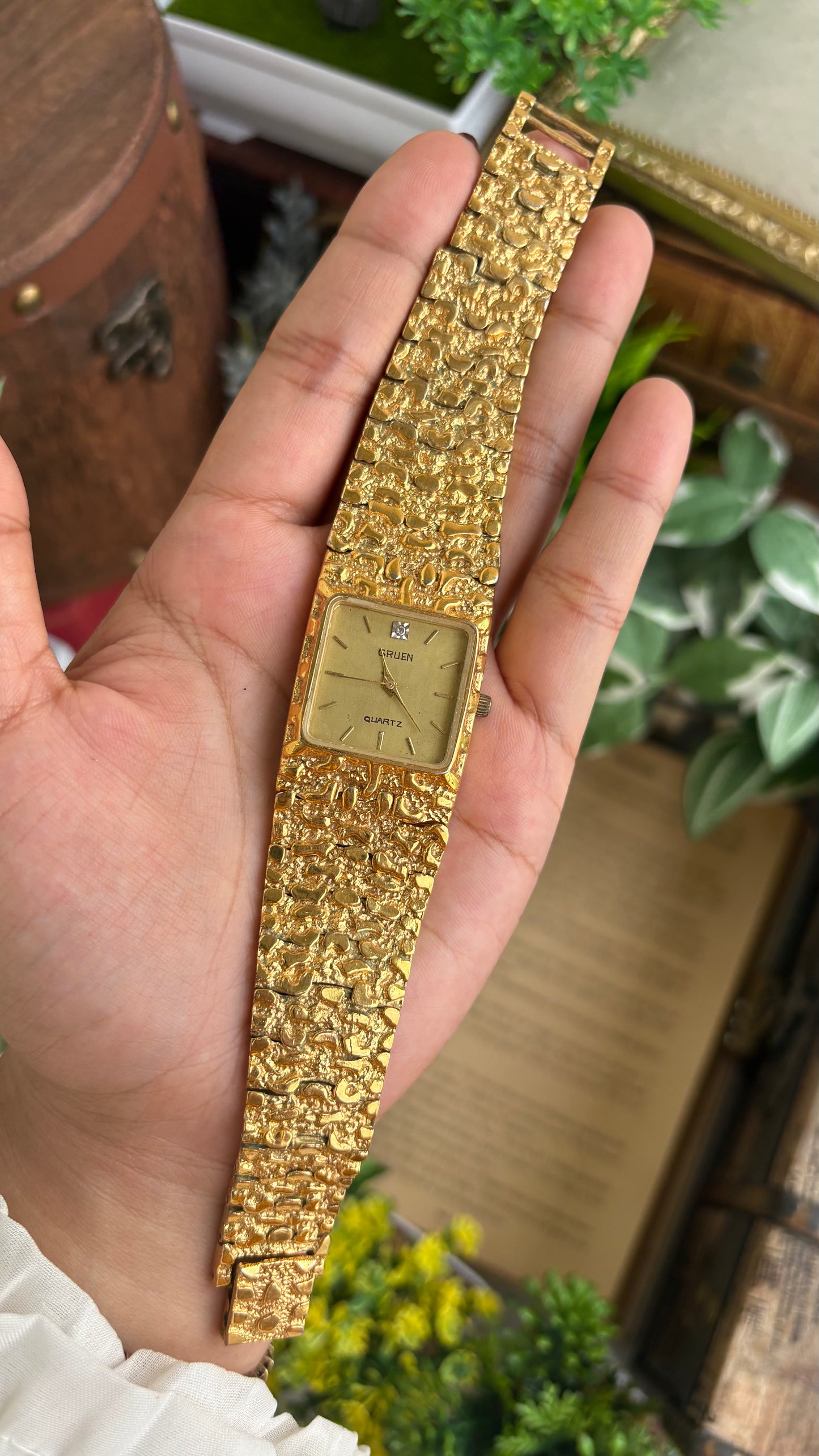 Vintage Gruen Nugget Watch in Gold Tone with Diamond