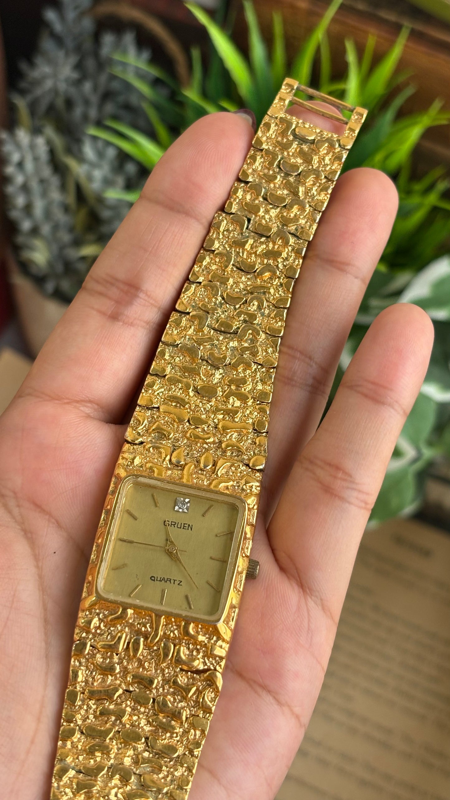 Vintage Gruen Nugget Watch in Gold Tone with Diamond