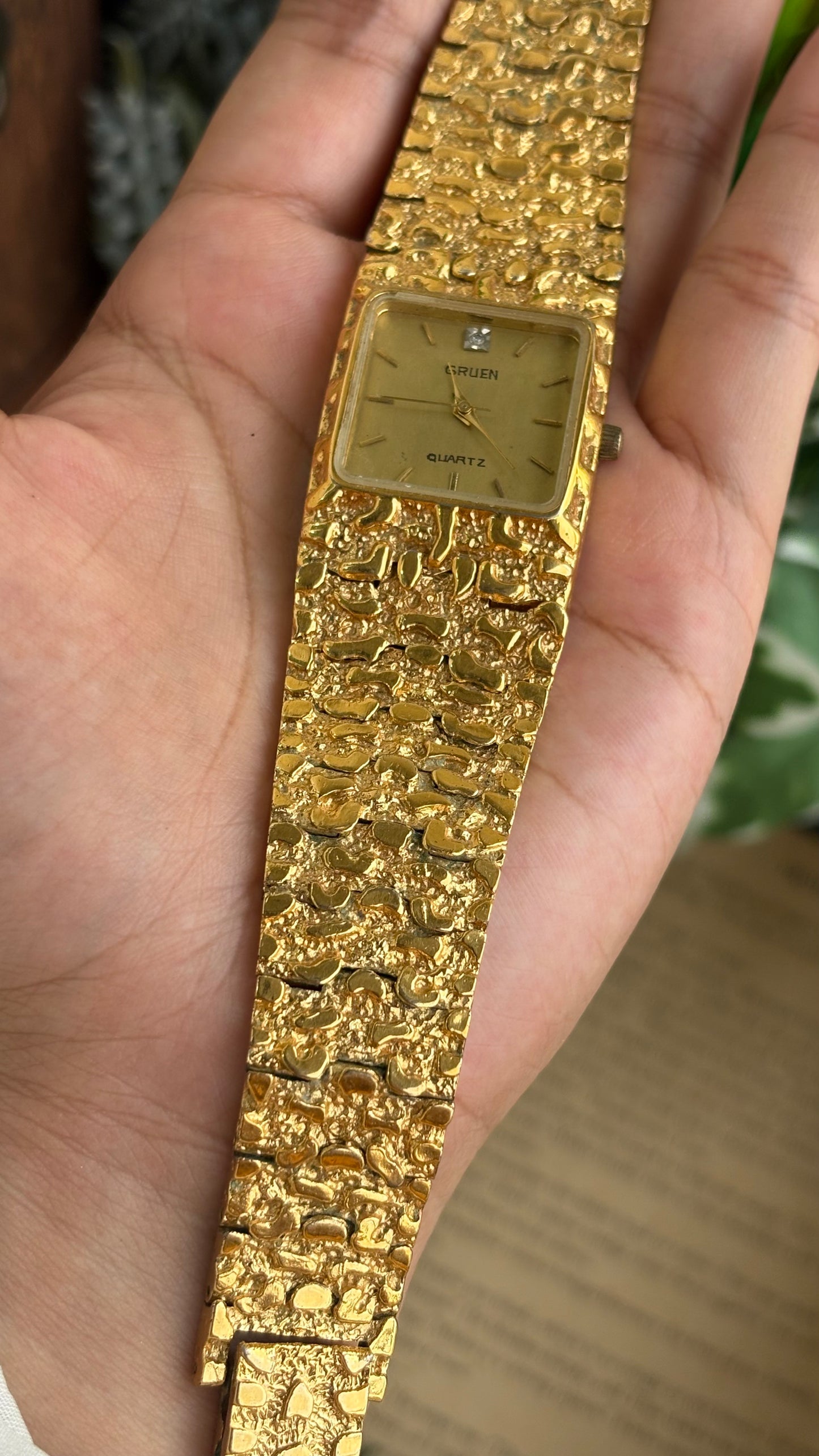 Vintage Gruen Nugget Watch in Gold Tone with Diamond