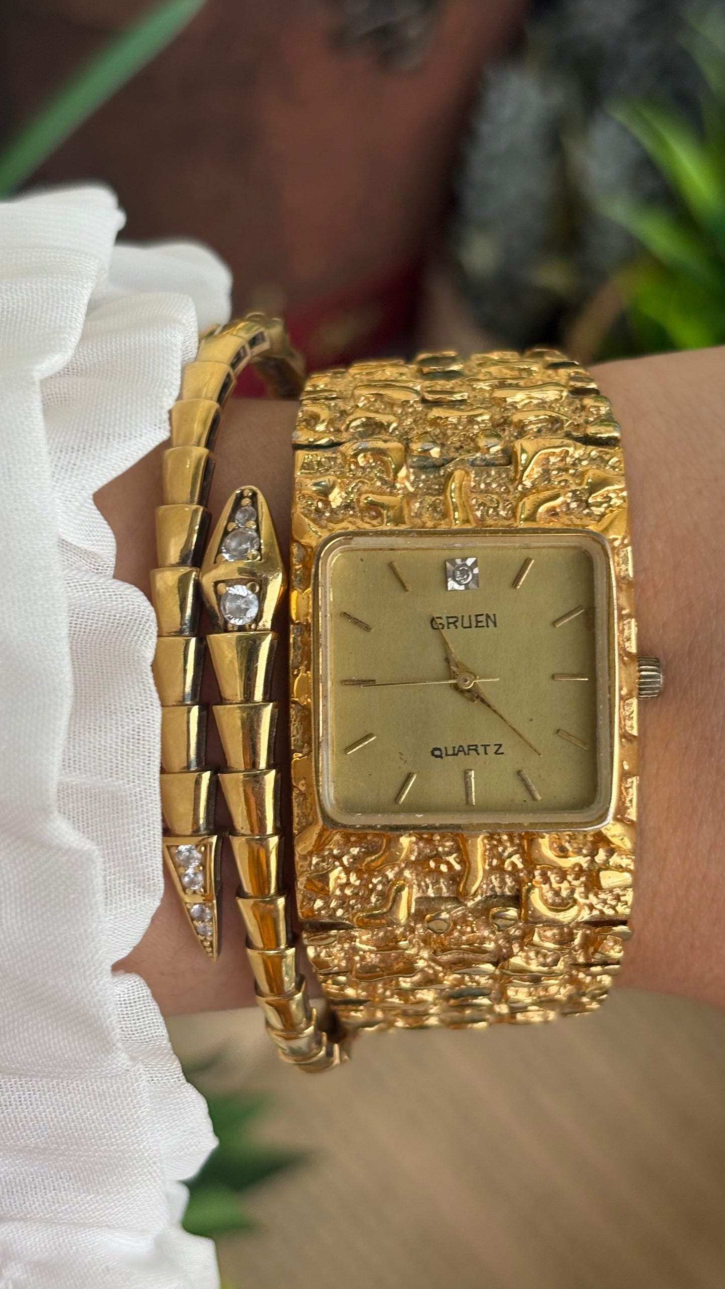 Vintage Gruen Nugget Watch in Gold Tone with Diamond