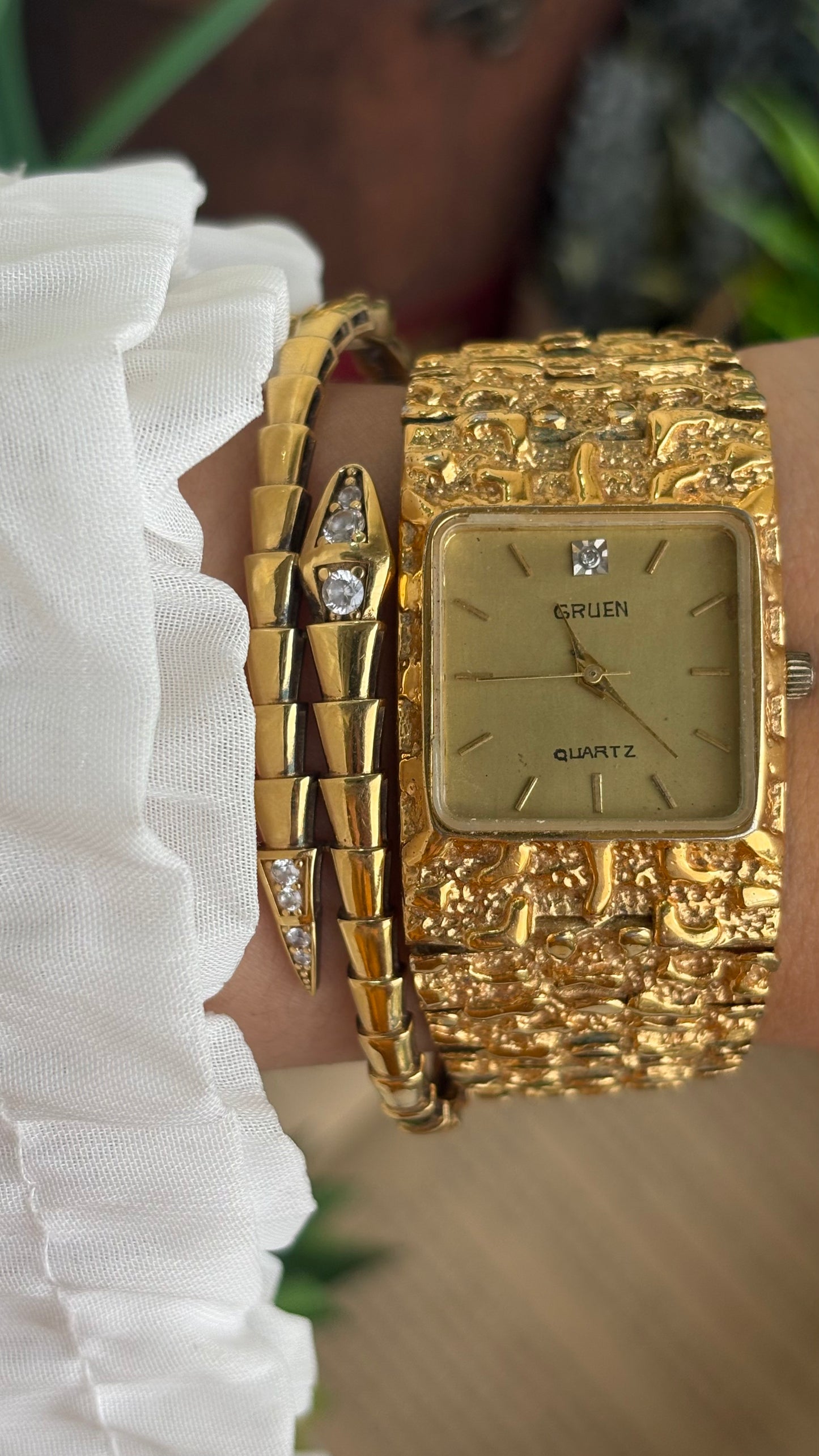 Vintage Gruen Nugget Watch in Gold Tone with Diamond