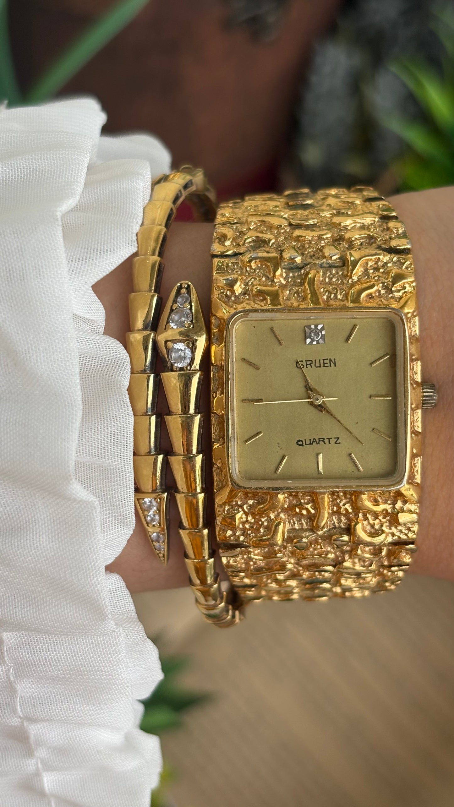 Vintage Gruen Nugget Watch in Gold Tone with Diamond